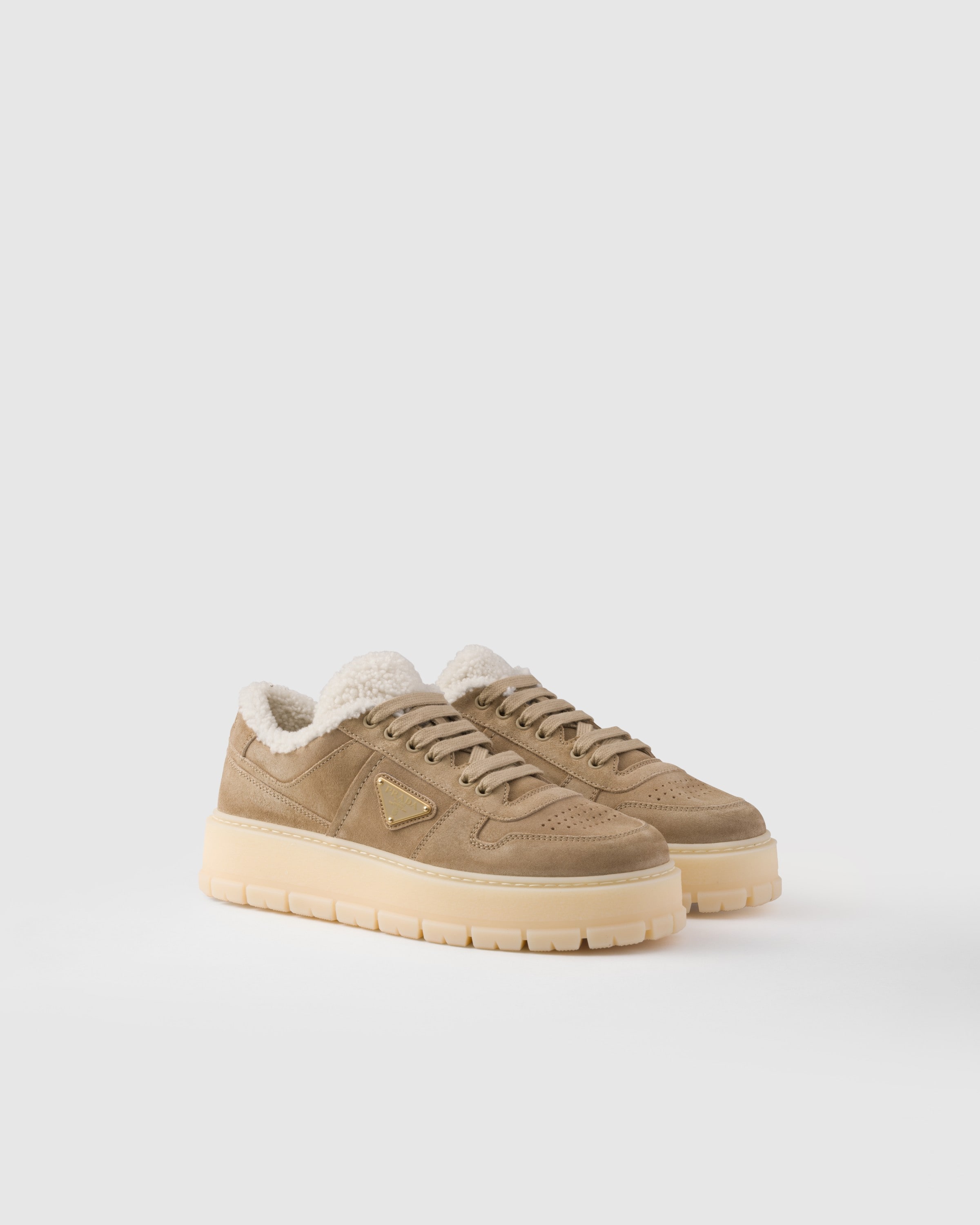 Ecru Faded suede laced sneakers | PRADA