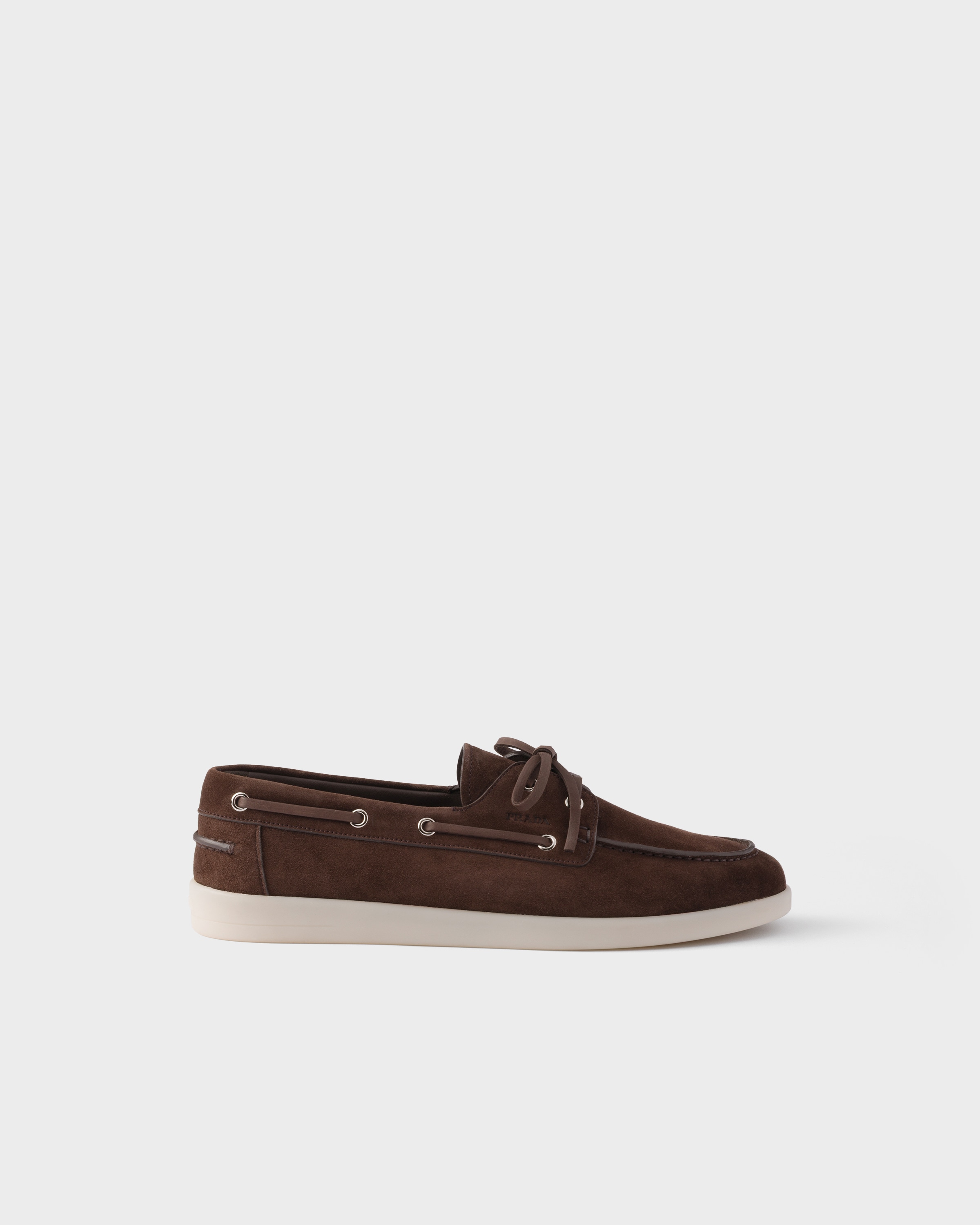 Dark Brown Suede boat shoes with laces | PRADA - United States