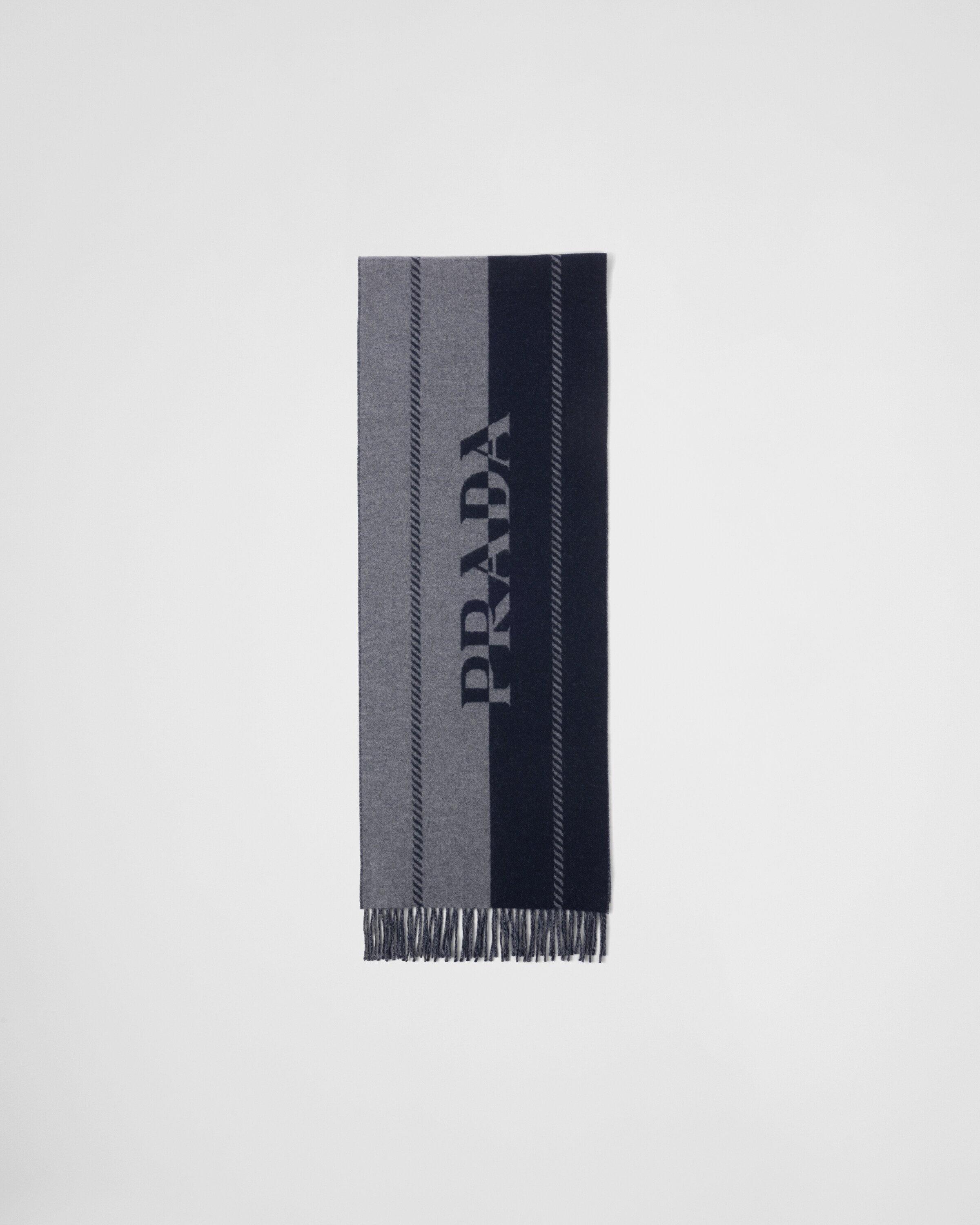 Prada Mens Grey Small Logo-jacquard Wool Scarf In Grey+blue