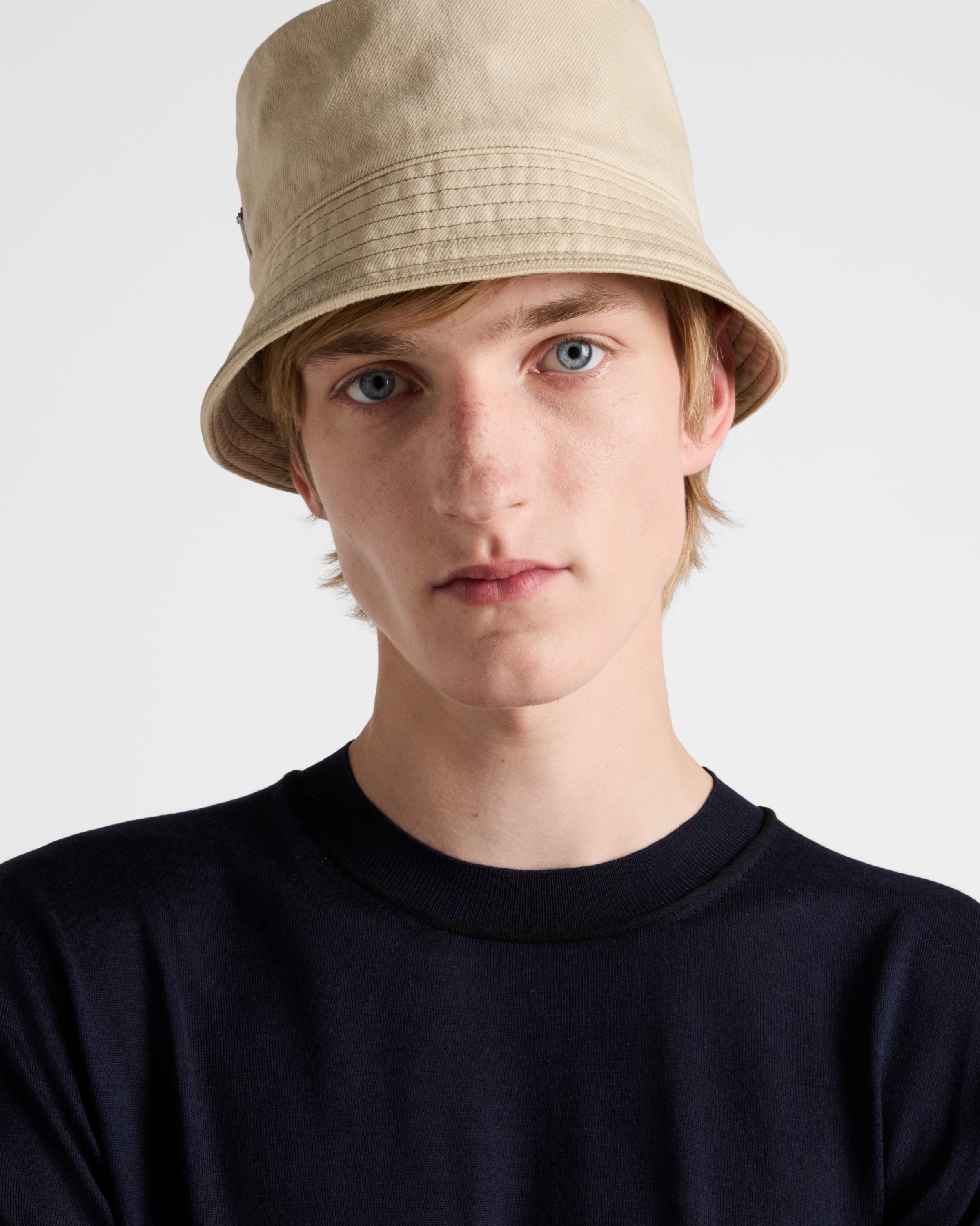 Prada Mens Neutral Worn Bull Logo-plaque Denim Bucket Hat In Natur