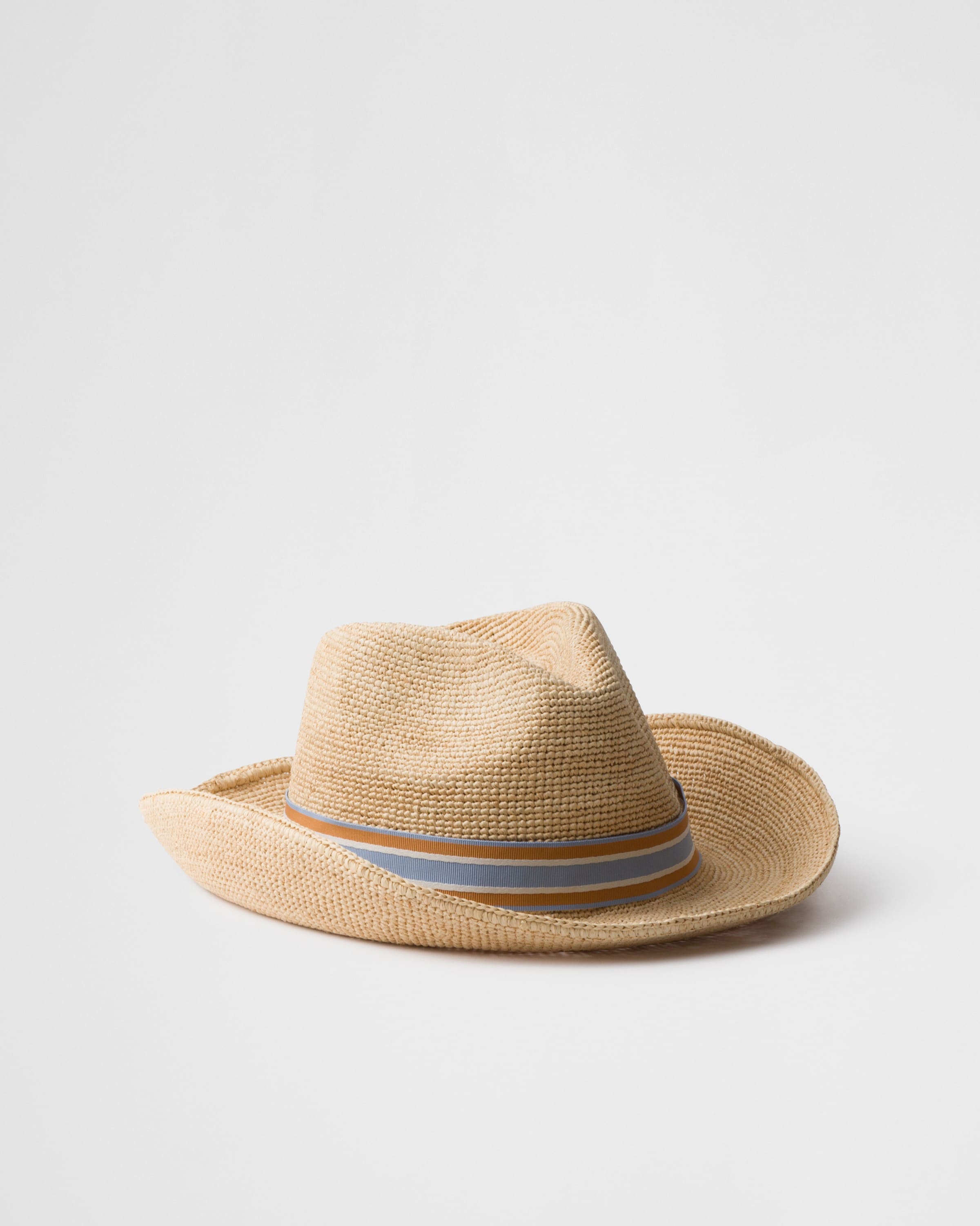 Prada Triangle-logo Woven Raffia Hat In Hellbraun/astralblau
