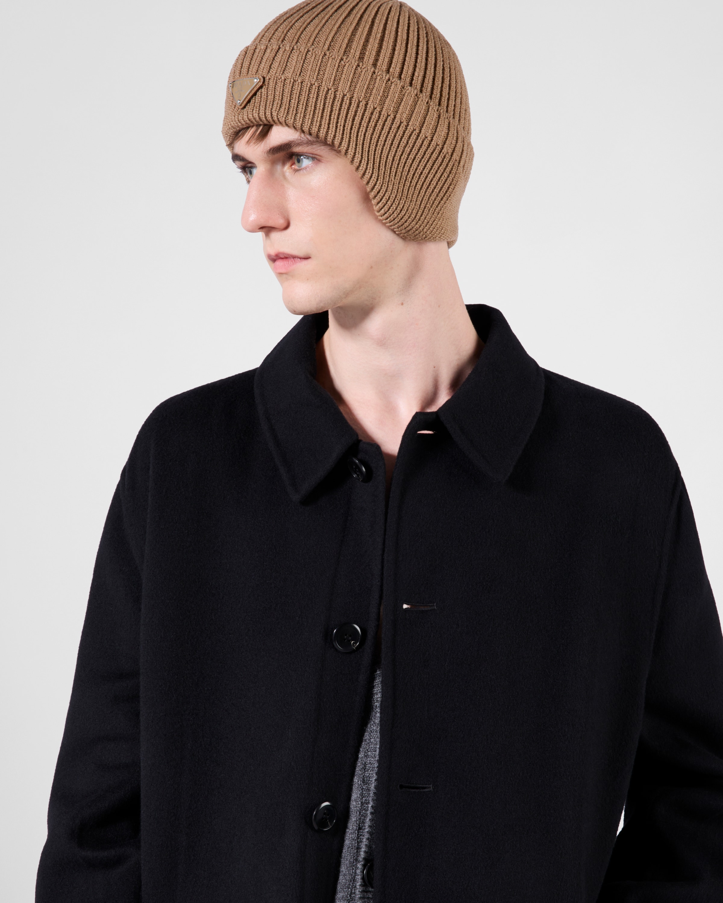 Prada Enamel-logo Wool Beanie In Kamelbraun
