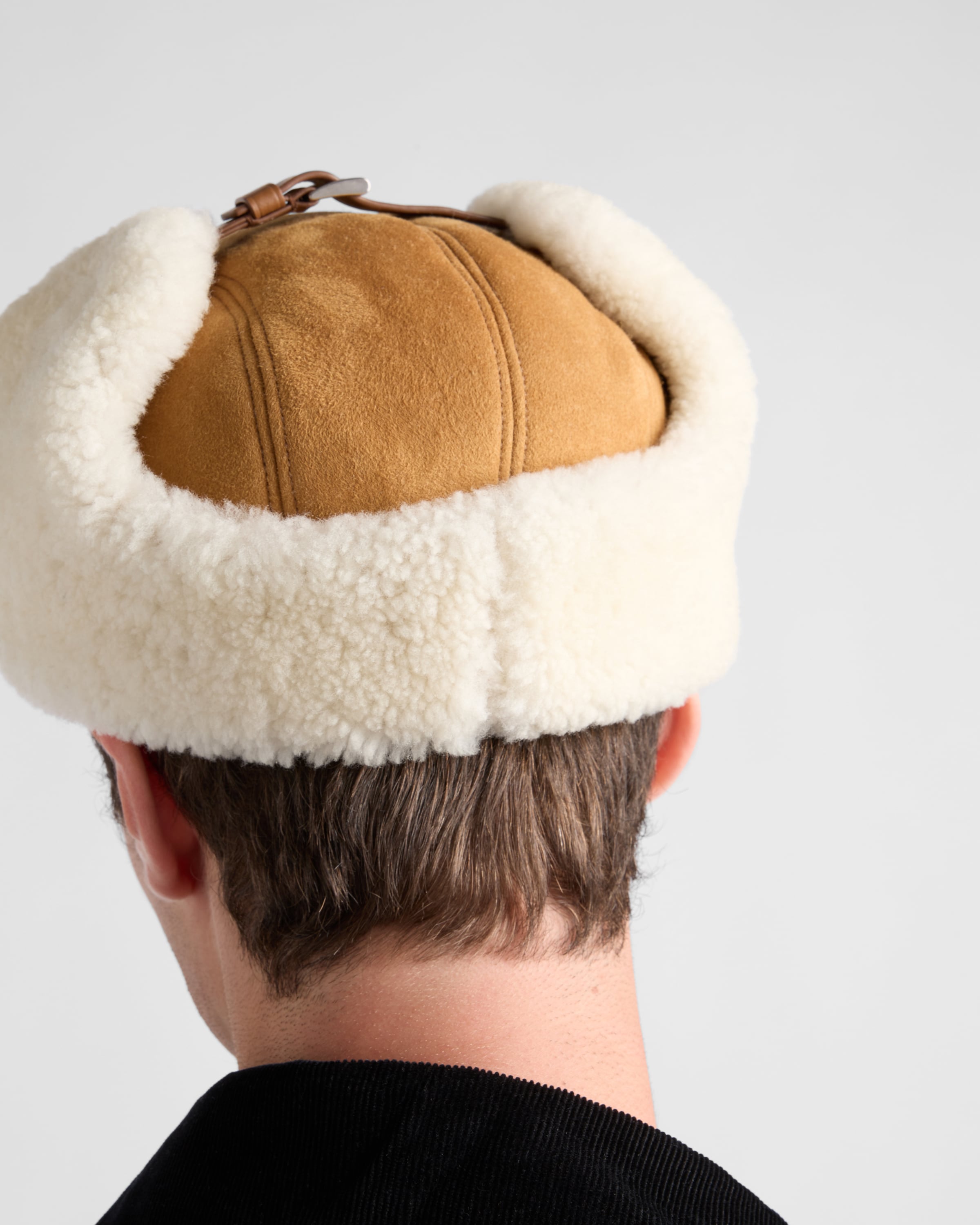 Prada Mens Neutral Shearling Suede Trapper Hat In Honig