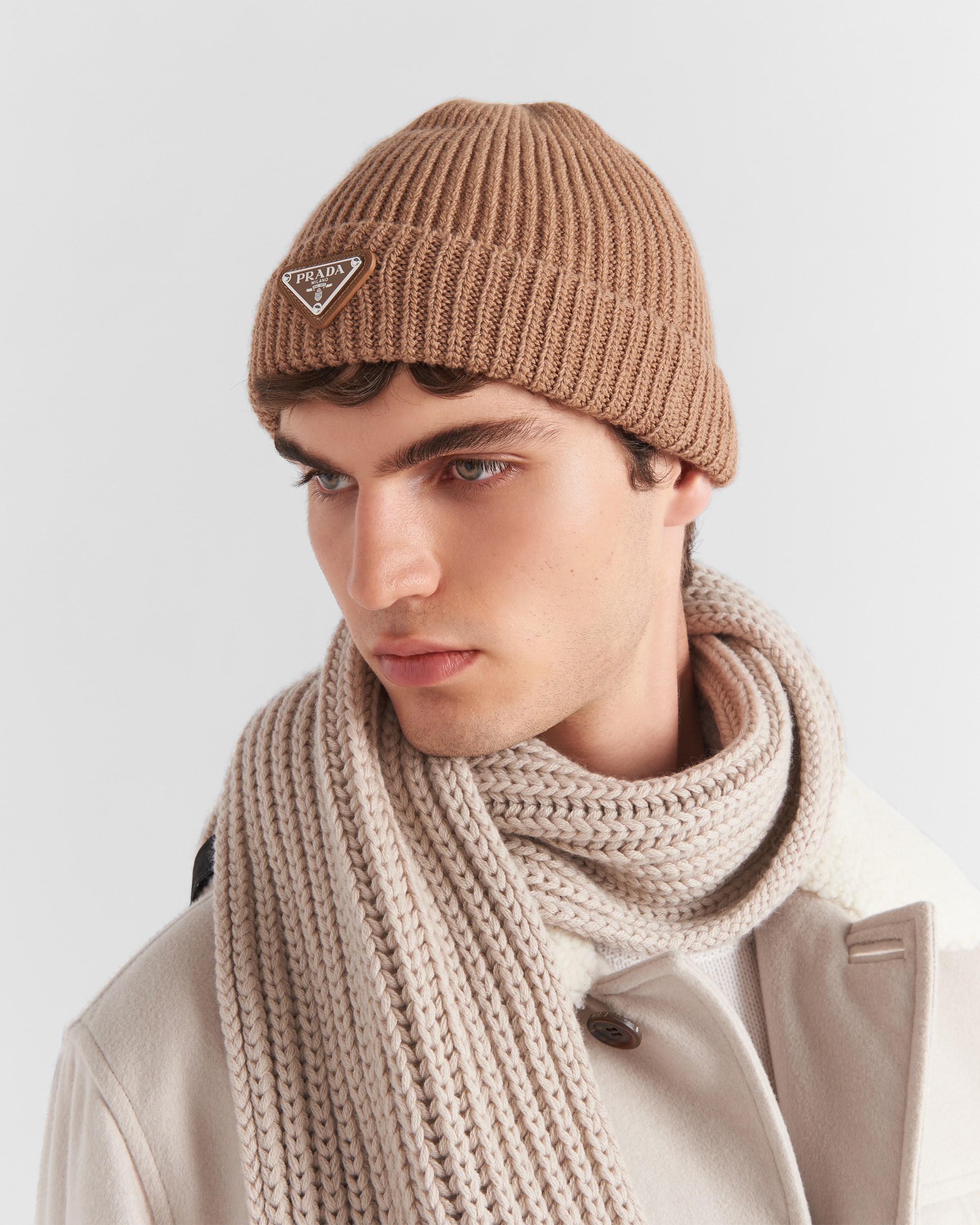 Prada Wool and Cashmere Beanie in camel brown Camel Brown Wool beanie | PRADA - United States main image 3