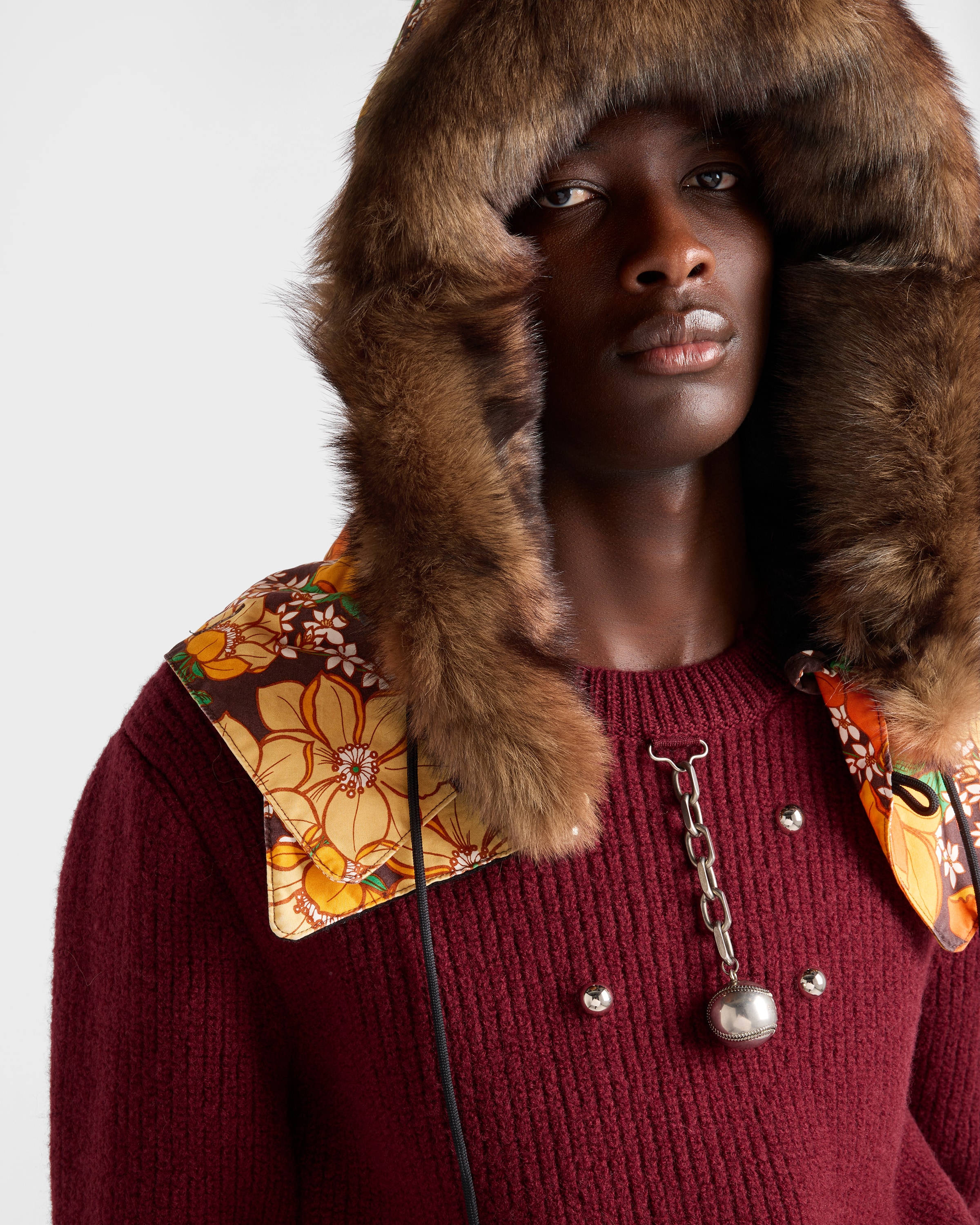 Printed poplin and shearling hood