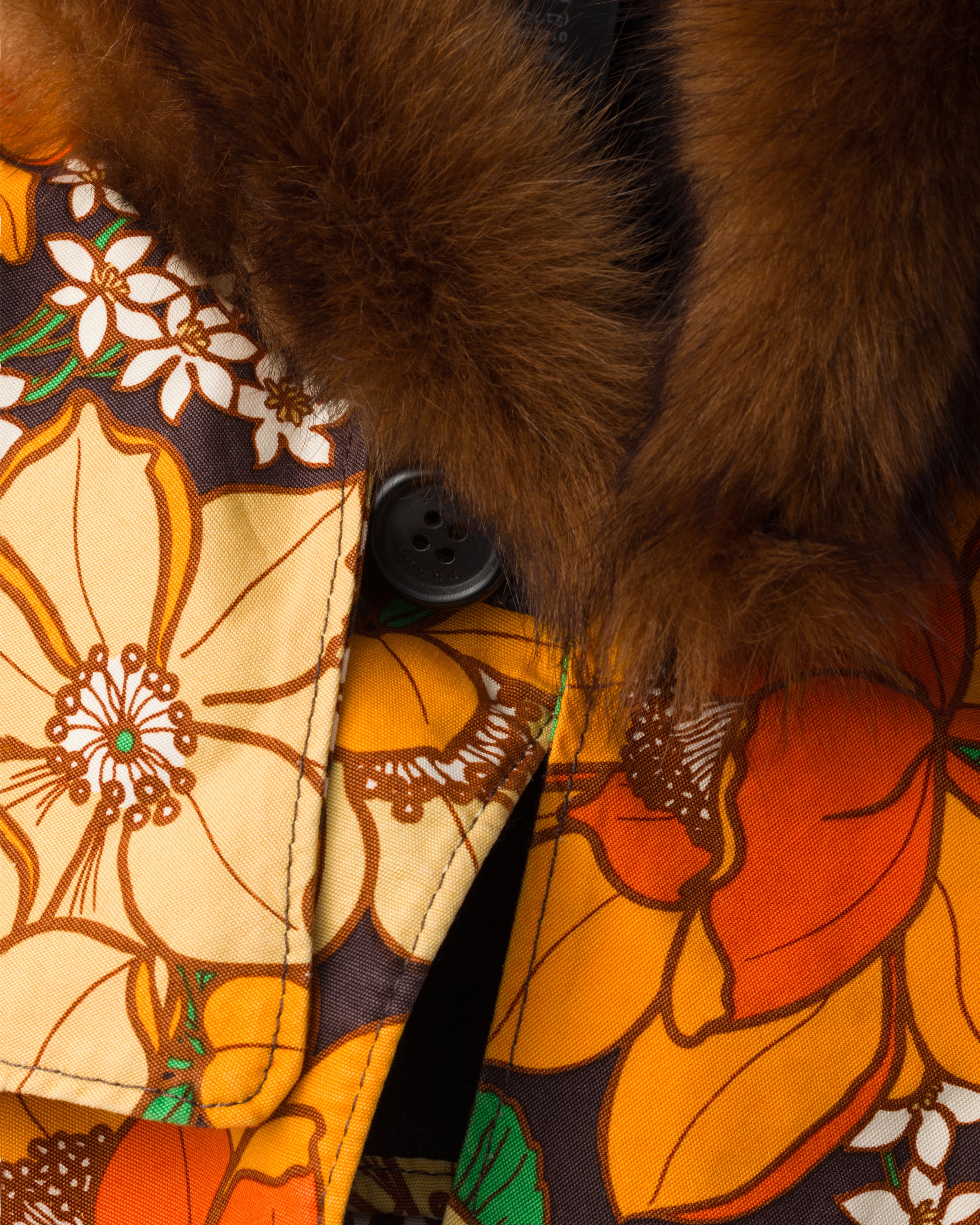 Printed poplin and shearling hood