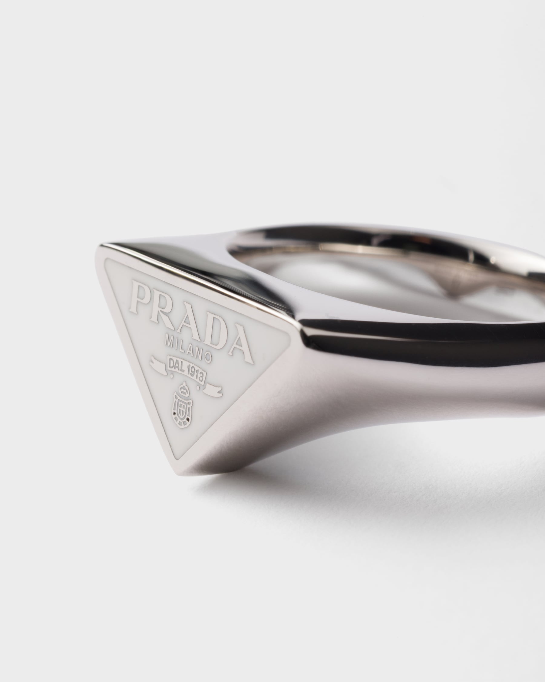 Promise Rings Prada Steel/white Enameled Metal Ring | PRADA - United States