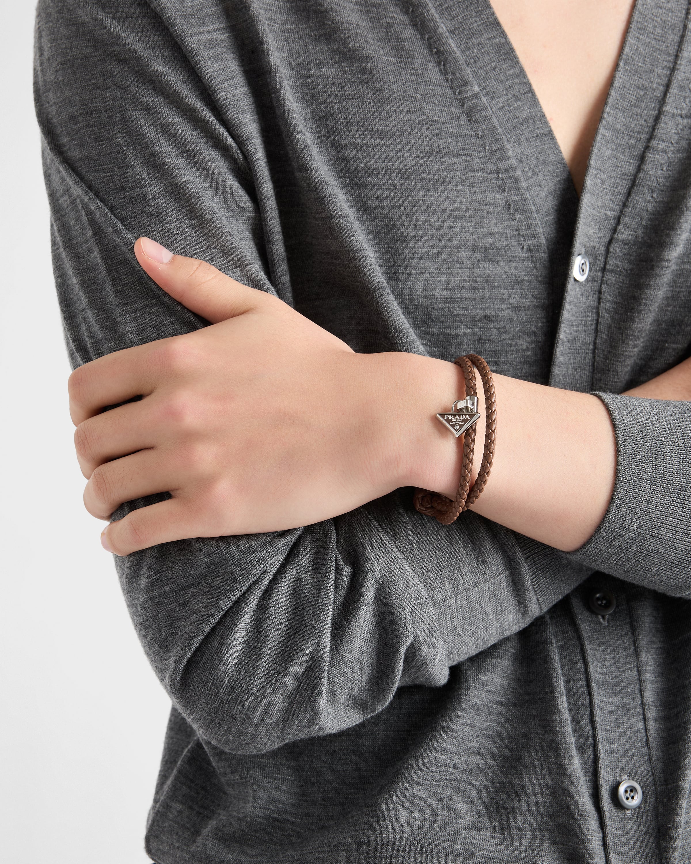 Cognac Braided Nappa Leather Bracelet | PRADA - United States