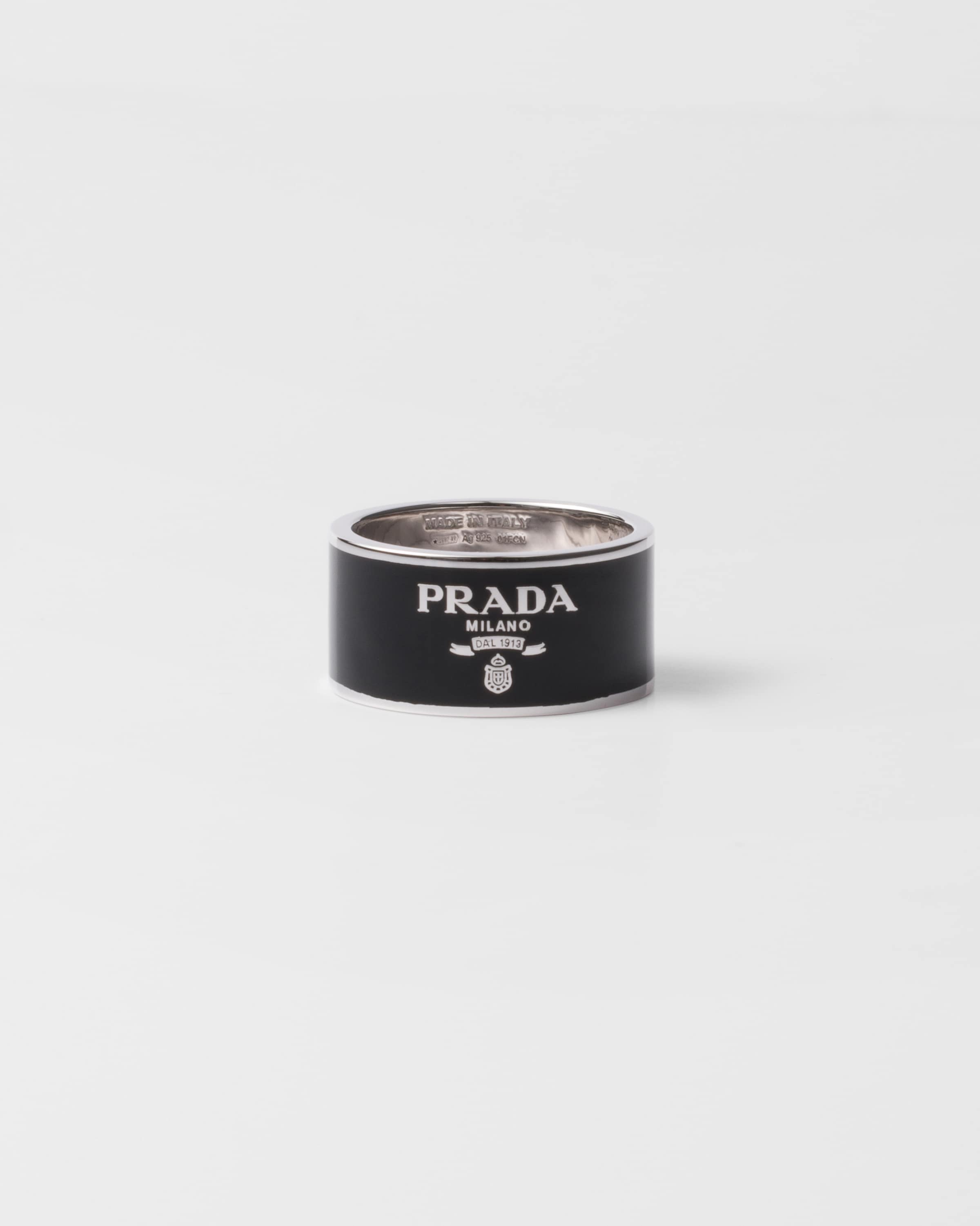 Prada Enameled Silver Ring, Man, Black, Size
