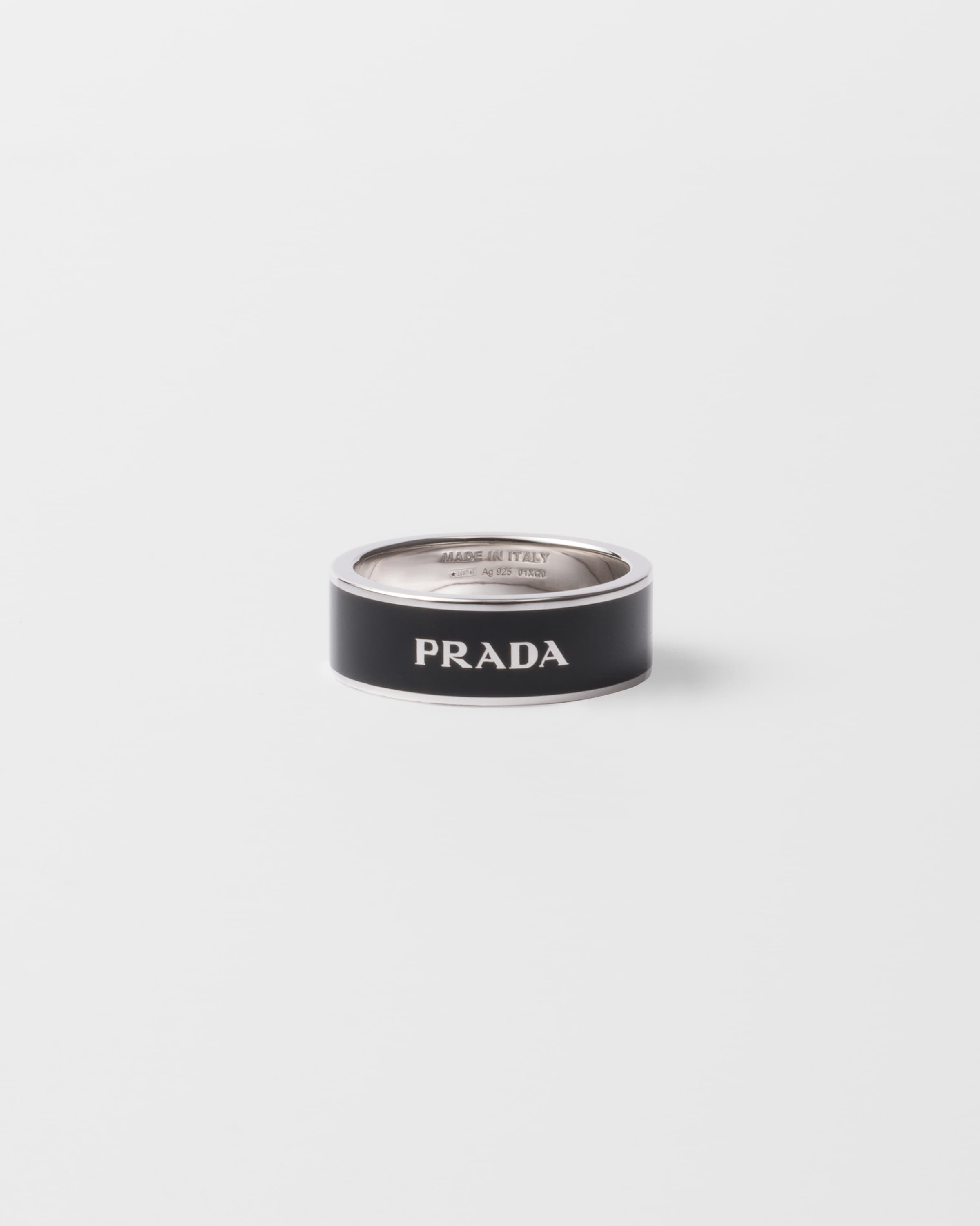 Prada Enameled Silver Ring, Man, Black, Size
