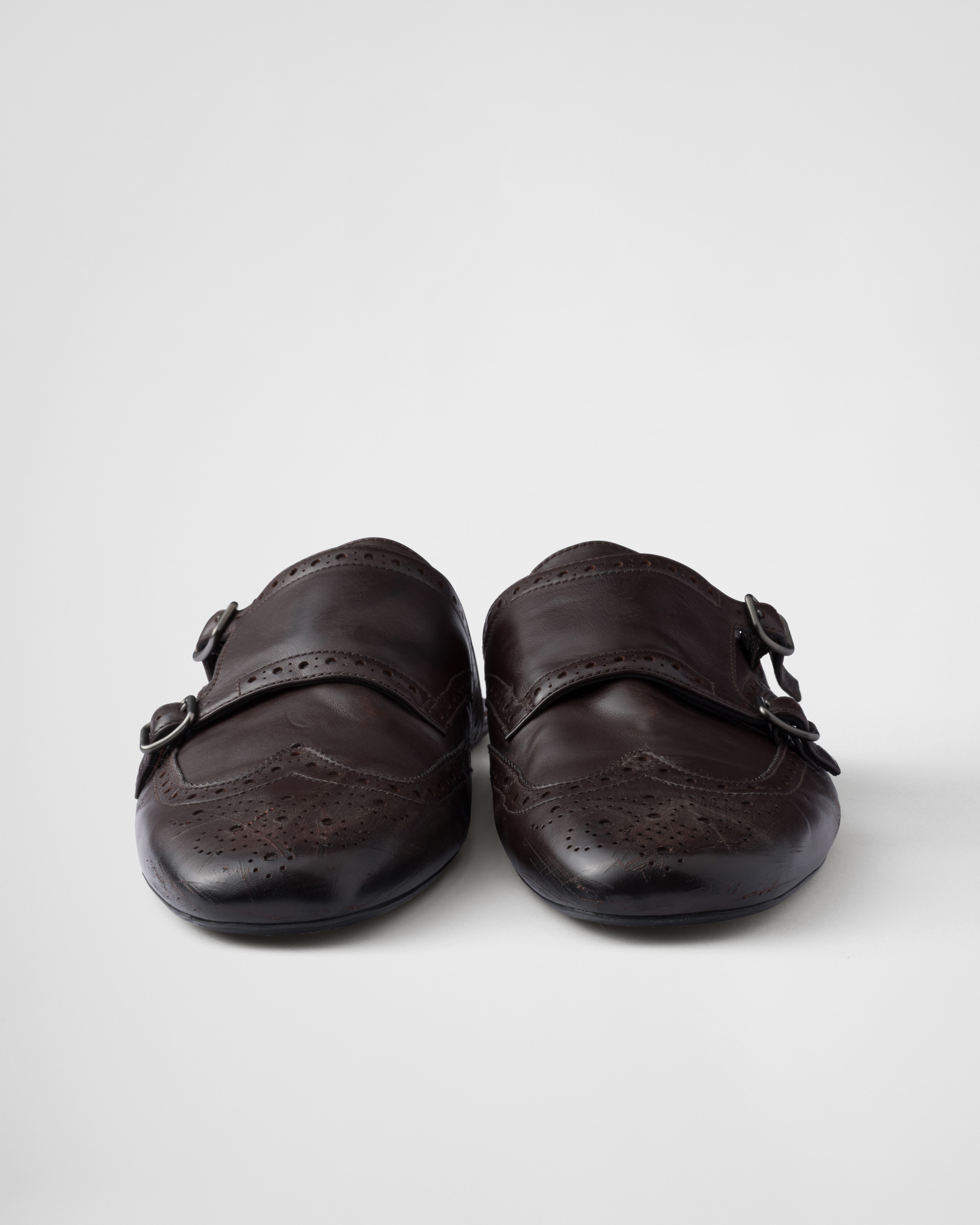 【PRADA】シャッフルアンティクダブルモンクストラップミュール ダークブラウン プラダ シャッフル アンティークレザー ダブル