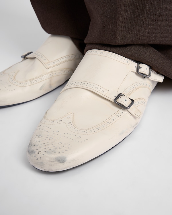 Shuffle antiqued leather double monk strap mules  Shuffle antiqued leather double monk strap mules