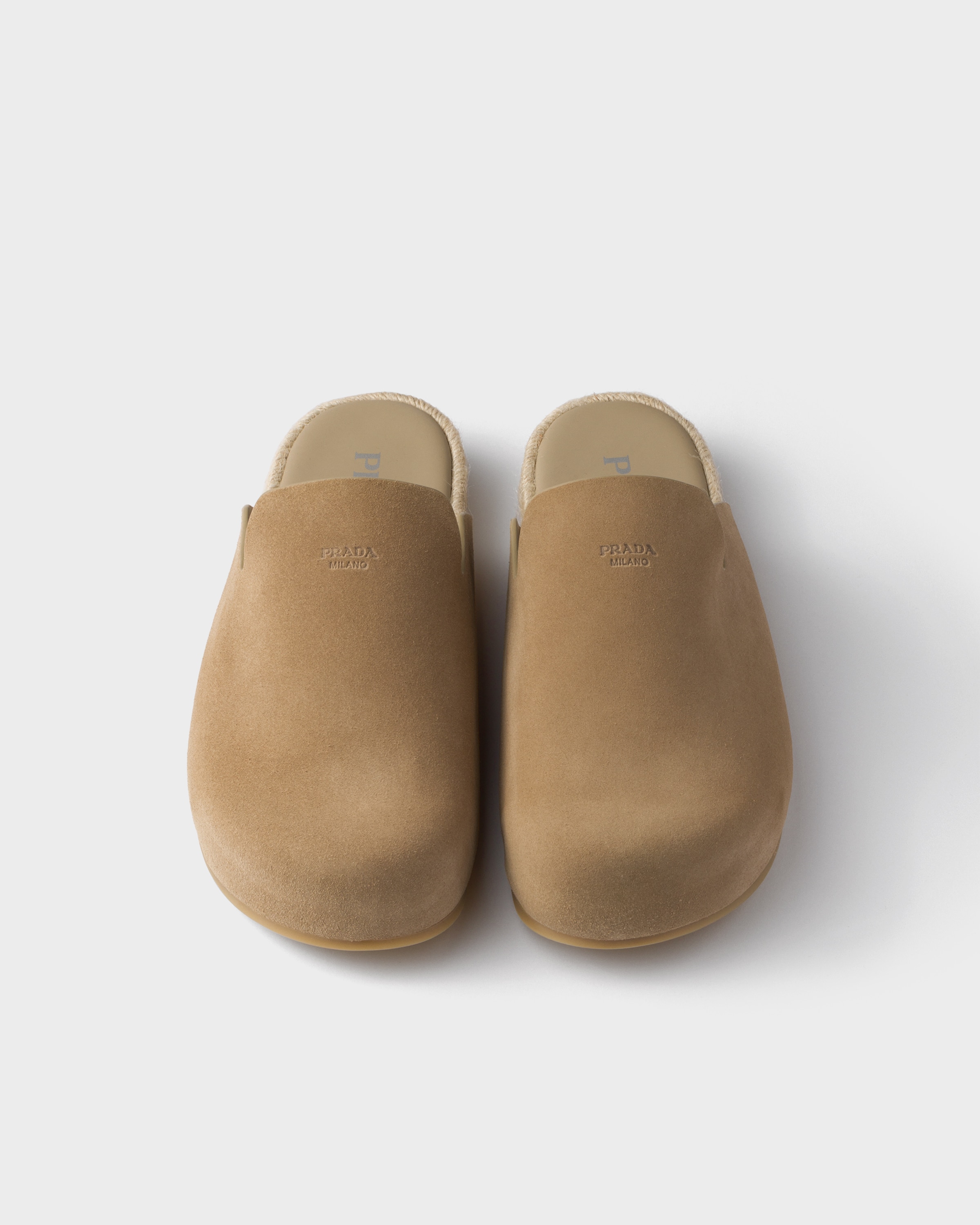 Prada Suede Leather Sabots In Ecru
