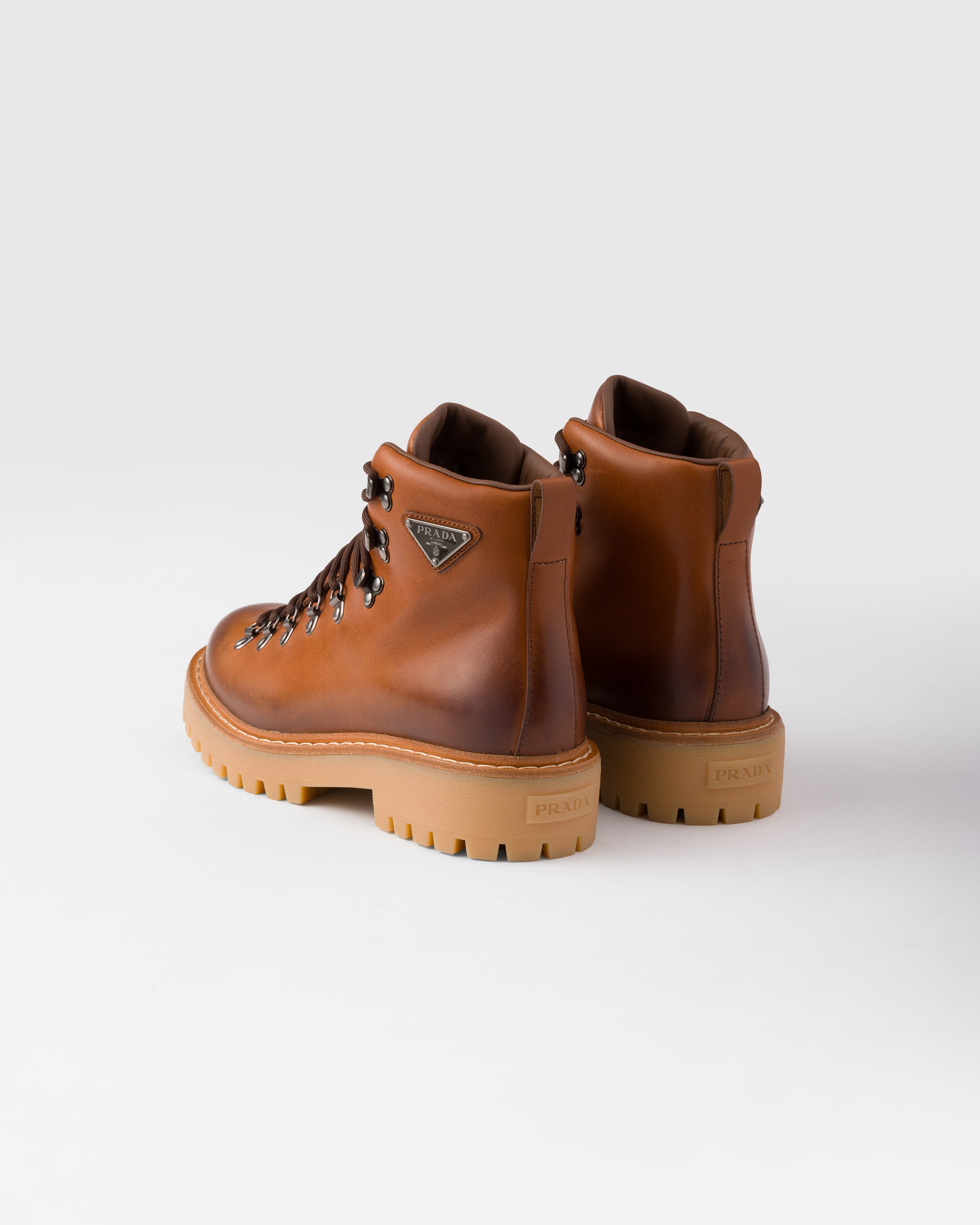 Cognac Laced Leather Booties | PRADA