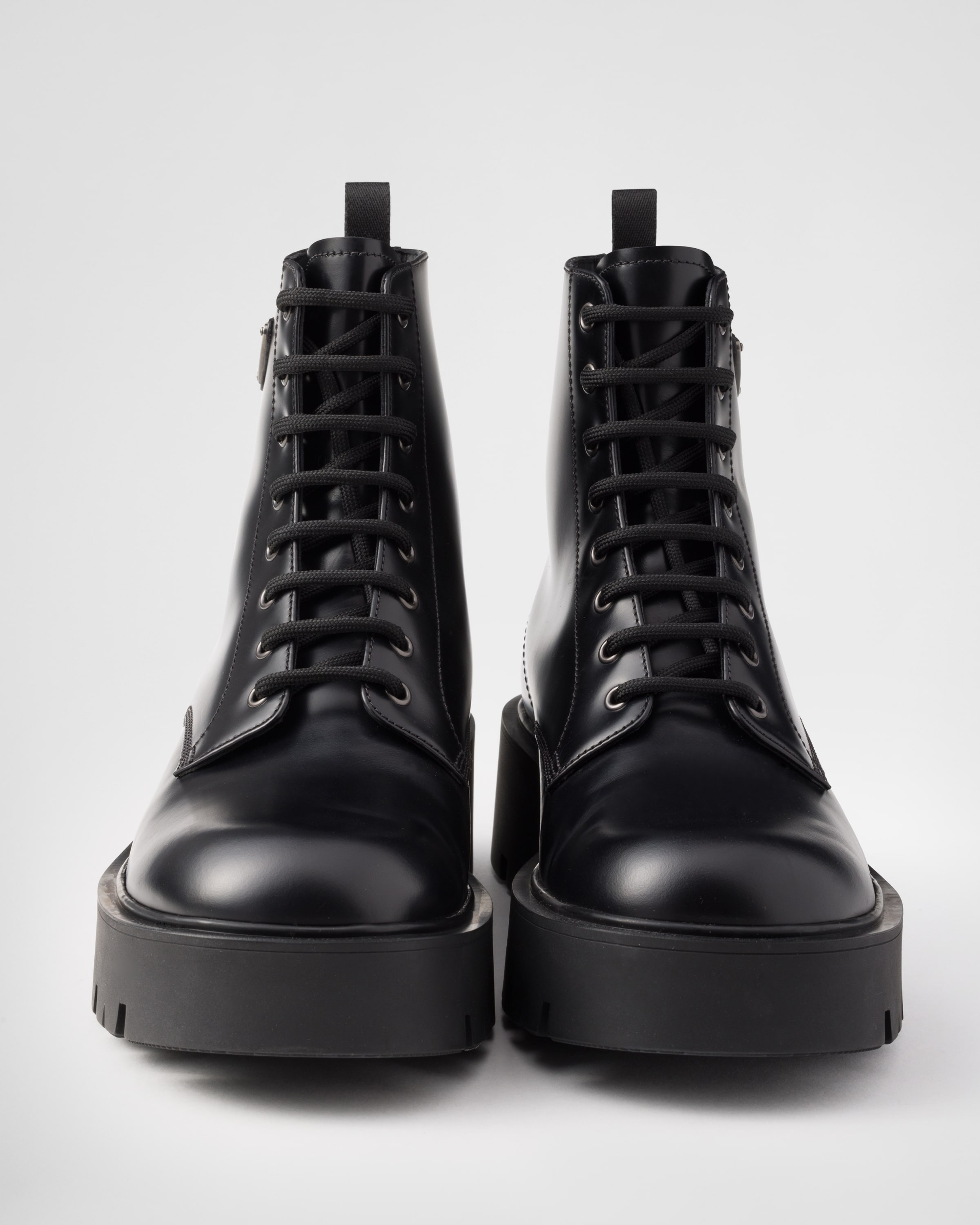 Black Brushed Leather Combat Boots PRADA