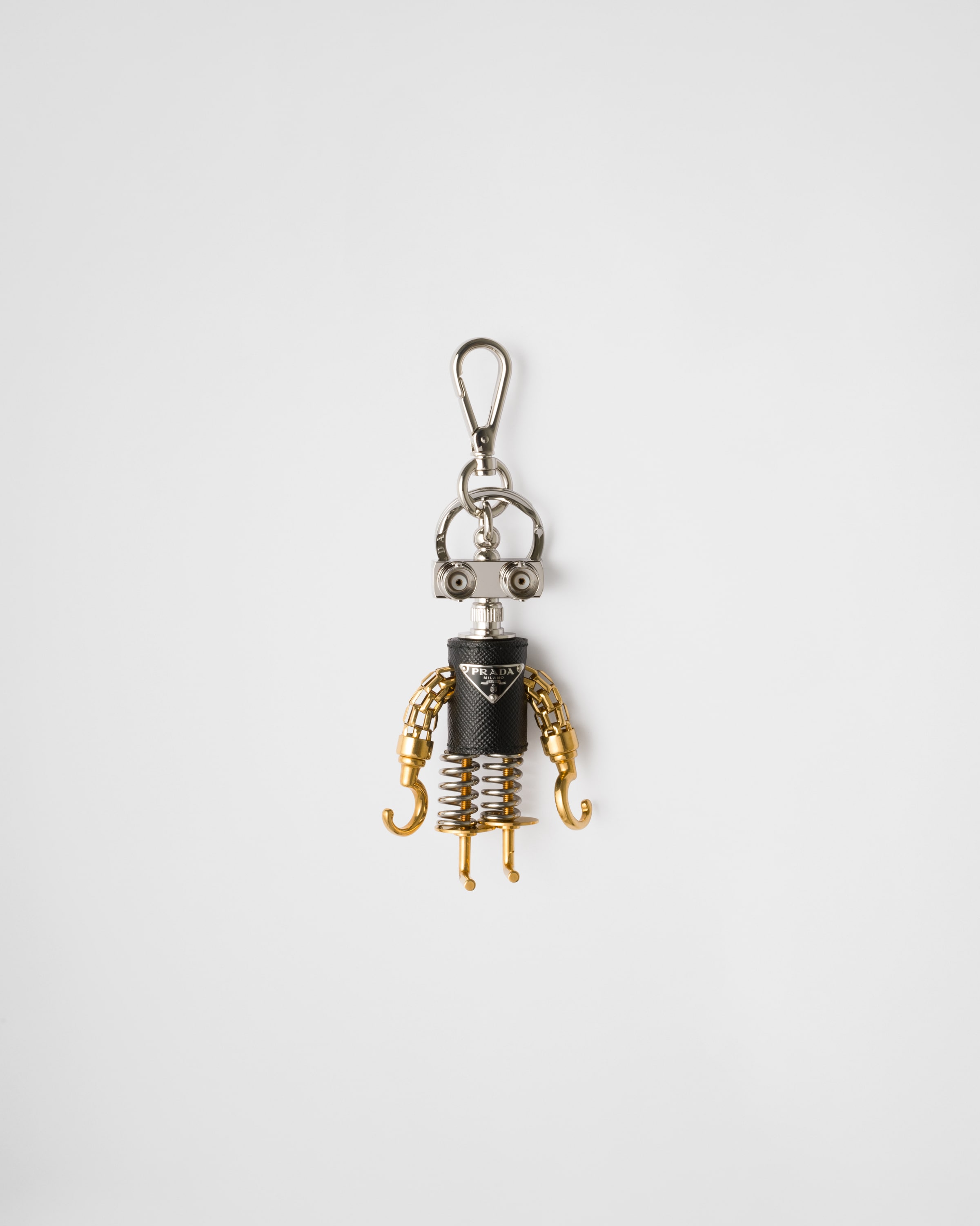 Prada Robot Saffiano Leather Bag Charm In Stahl/schwarz
