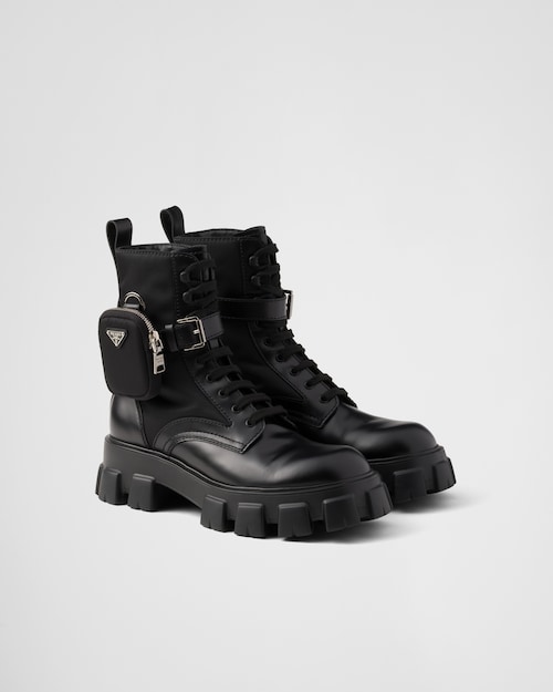 Black Monolith brushed leather and nylon boots with pouch | Prada