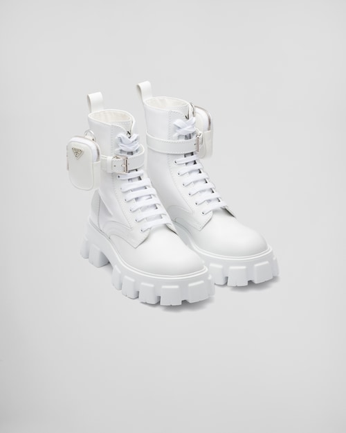 White Monolith brushed leather and nylon boots with pouch | Prada