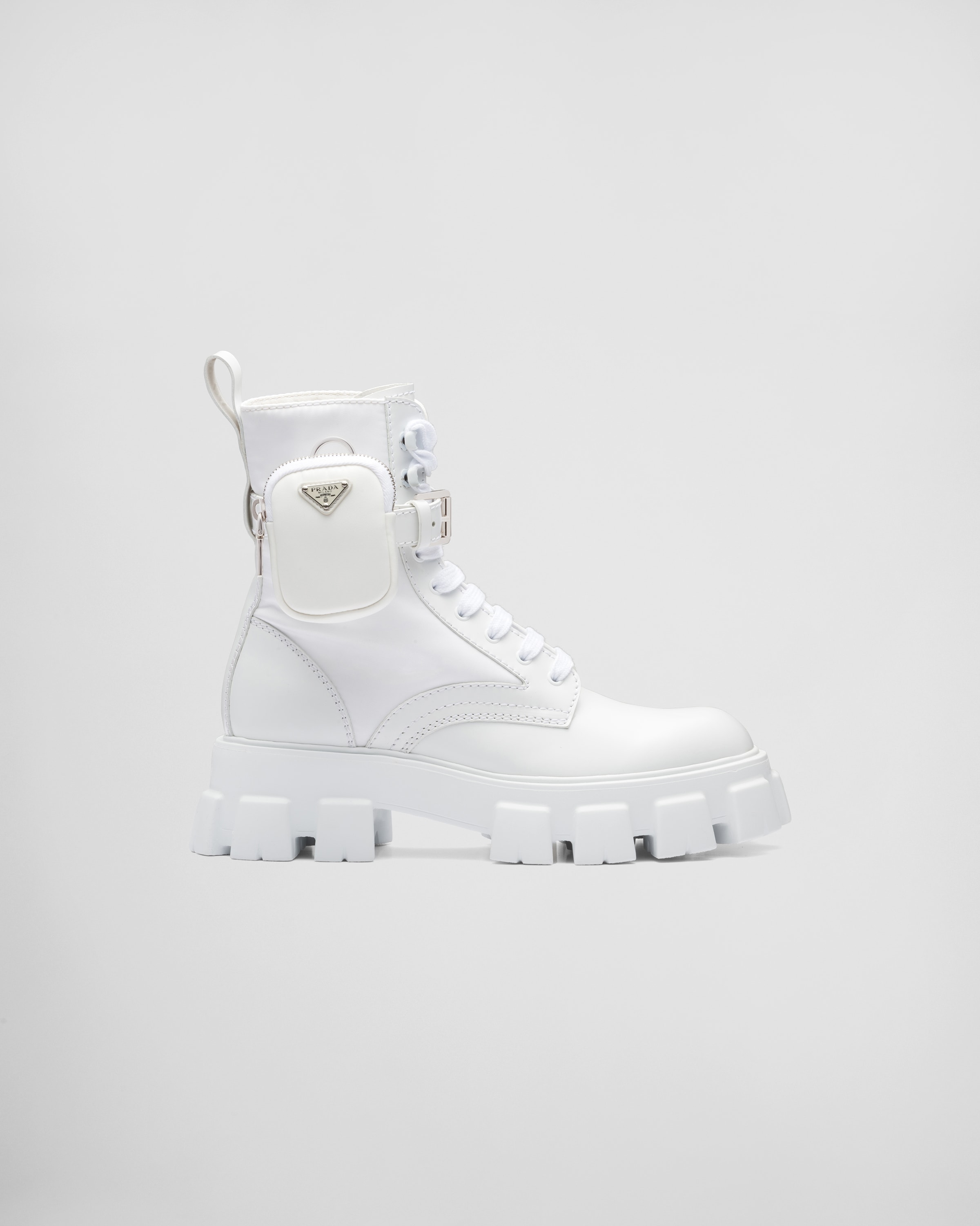 White Monolith brushed leather and nylon boots with pouch | Prada