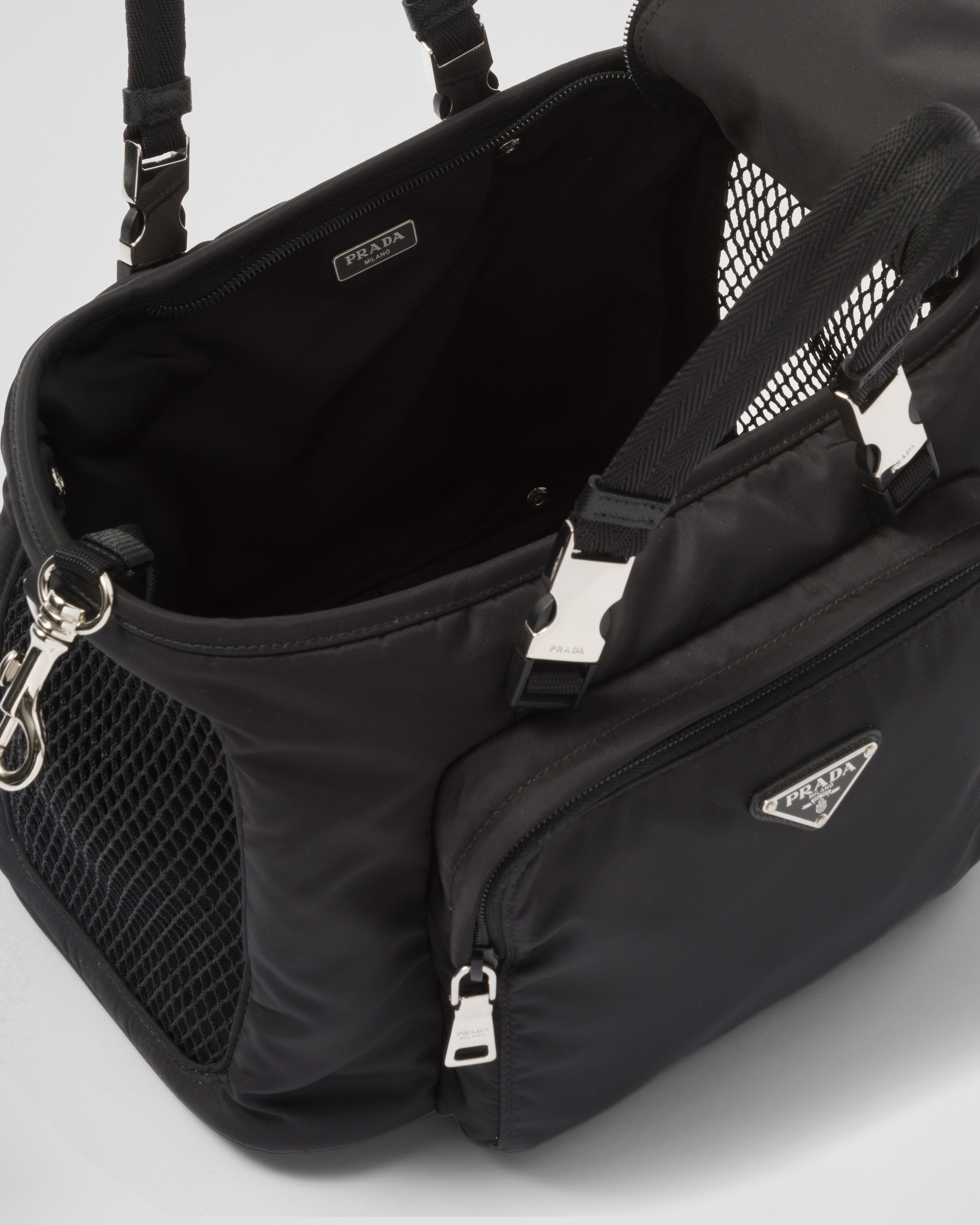 Black Re nylon And Saffiano Leather Pet Bag PRADA