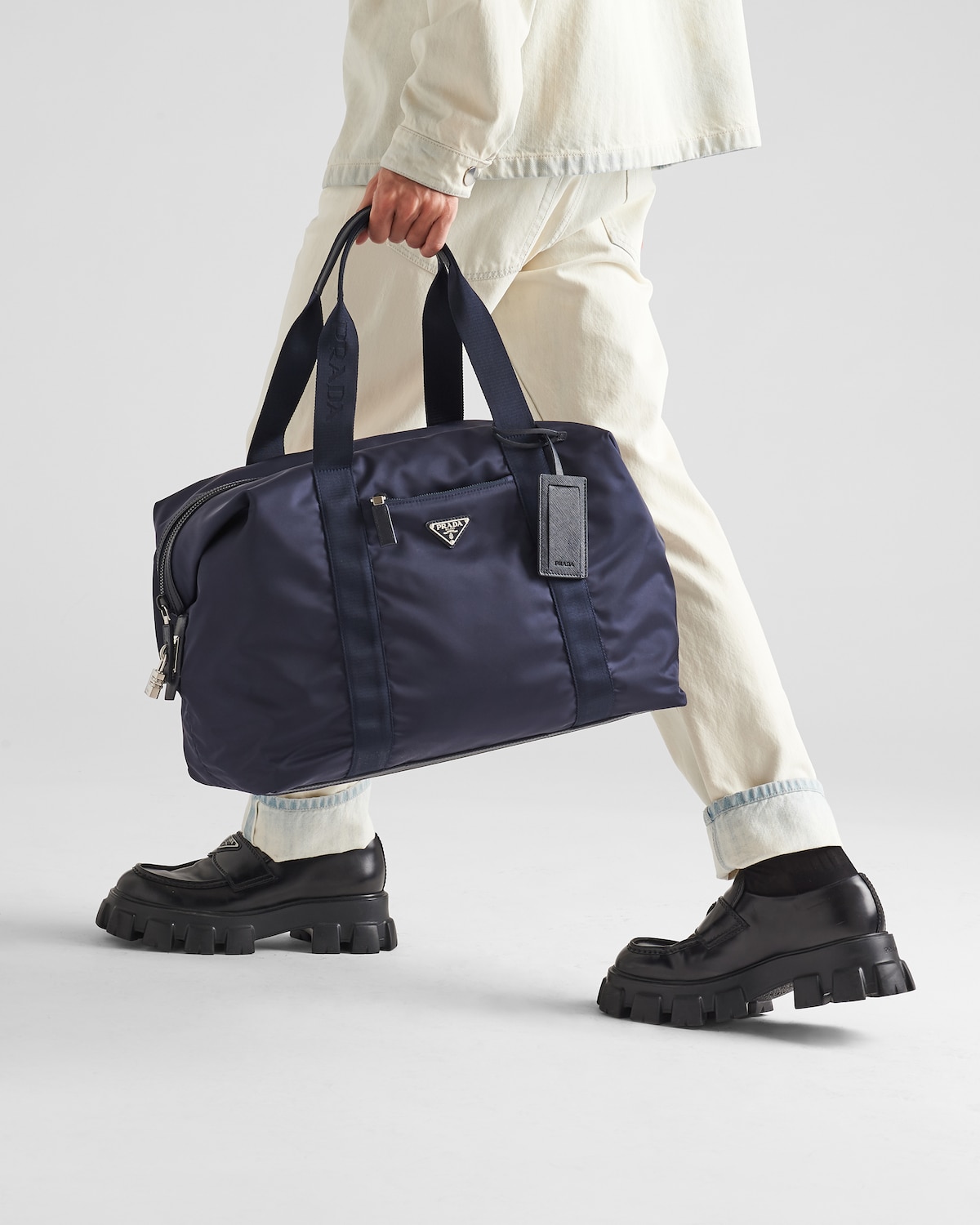 Navy Re-nylon And Saffiano Leather Duffle Bag | PRADA