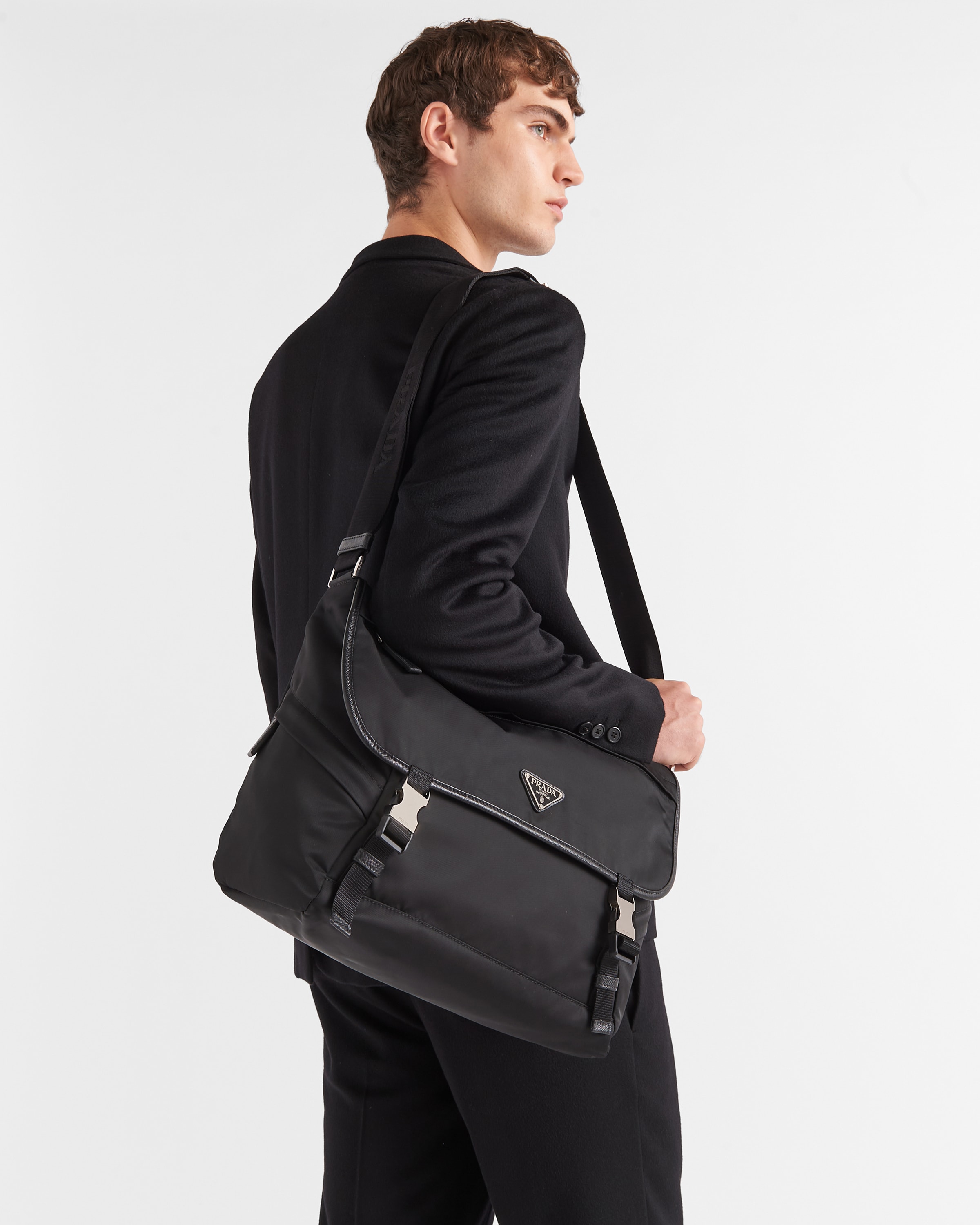 Black Re-Nylon and Saffiano leather shoulder bag | PRADA