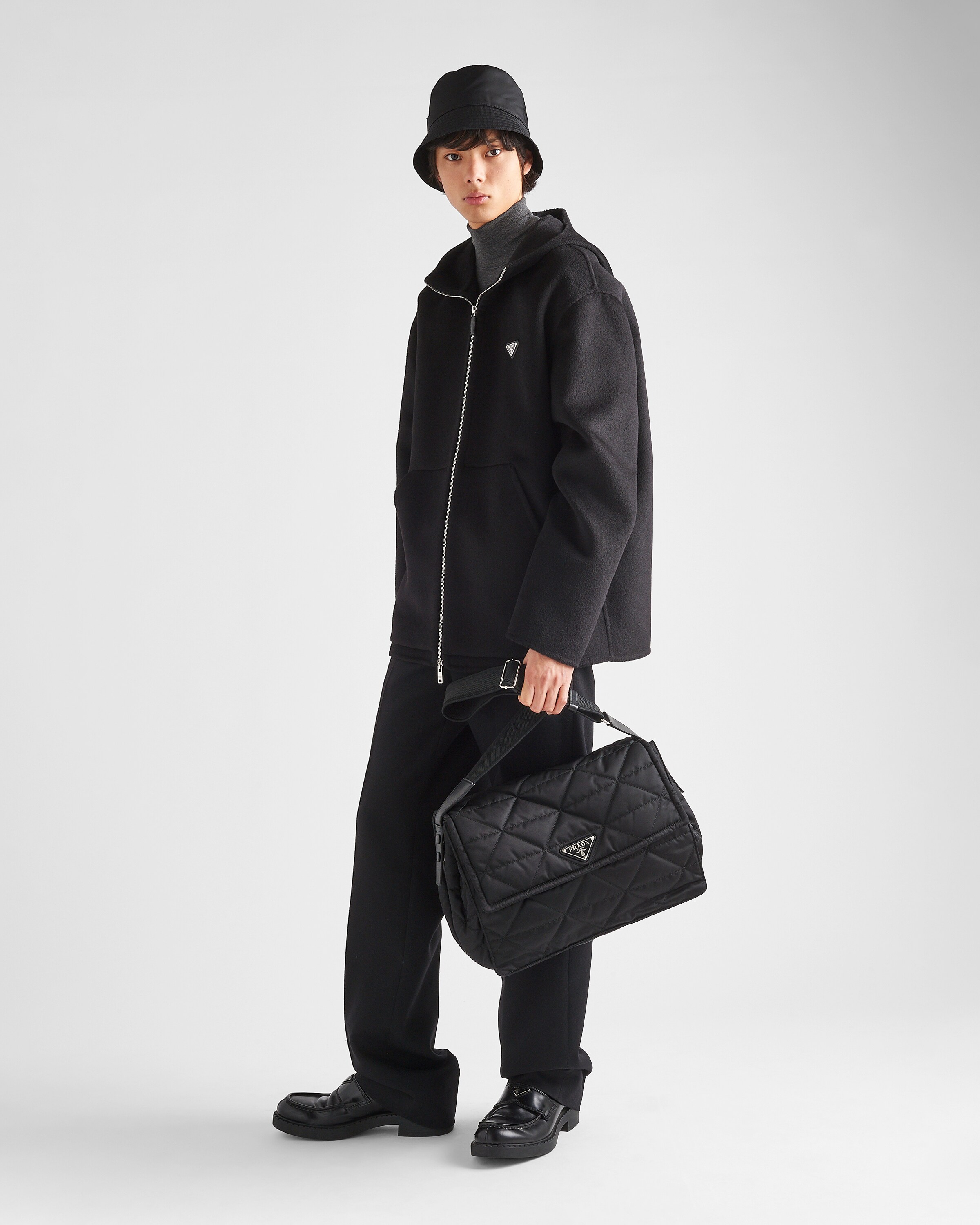 Black Topstitched Renylon Shoulder Bag PRADA