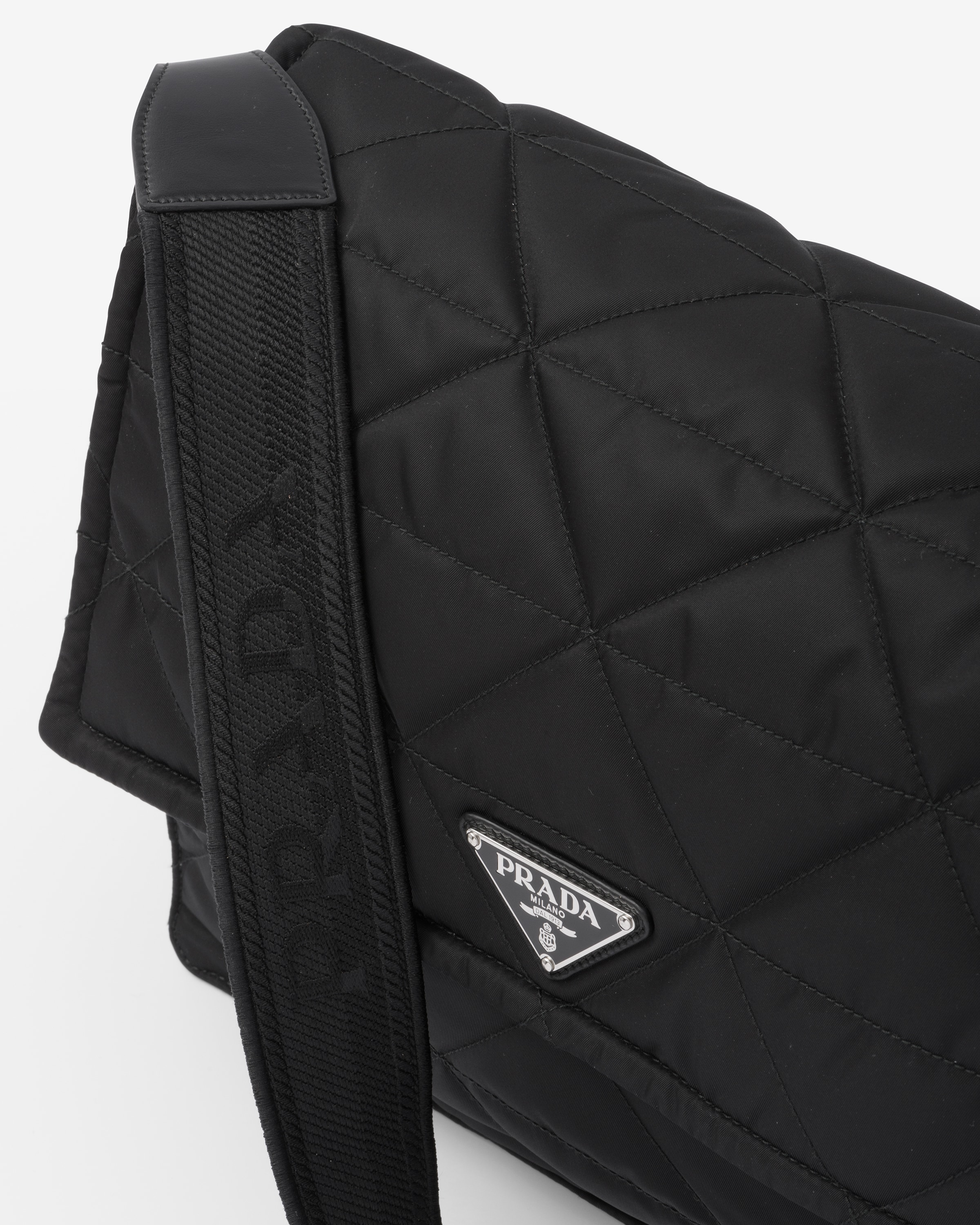 Black Topstitched ReNylon shoulder bag Prada