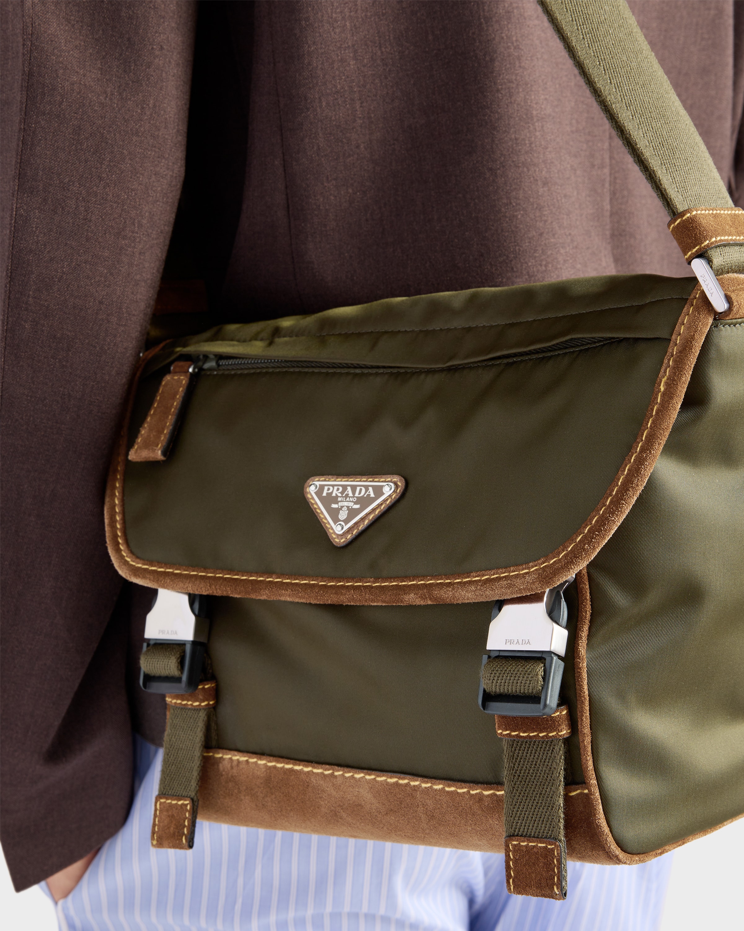 Musk Green/Cocoa Medium Re-Nylon and suede shoulder bag | PRADA