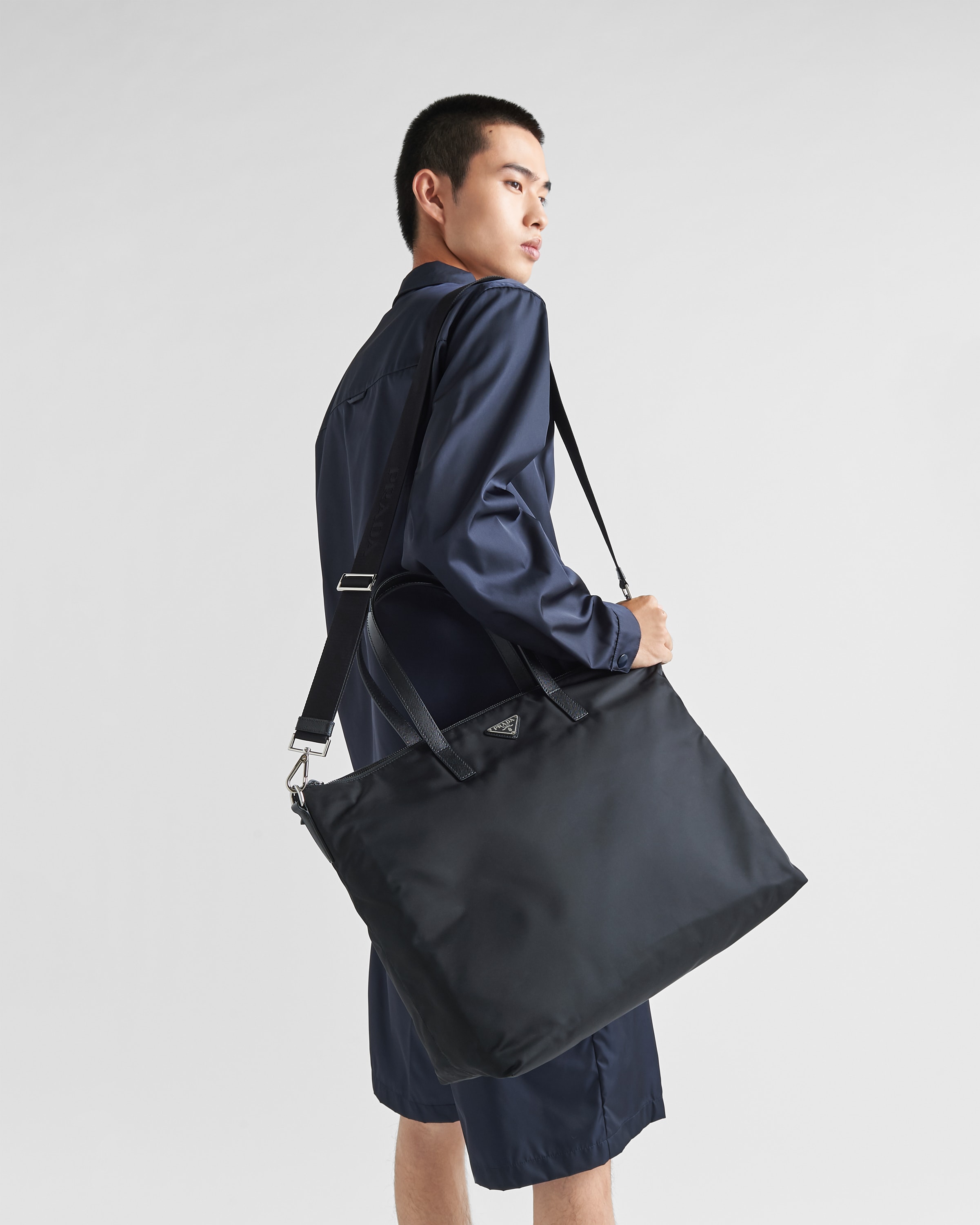 Black Re-nylon And Saffiano Leather Tote Bag