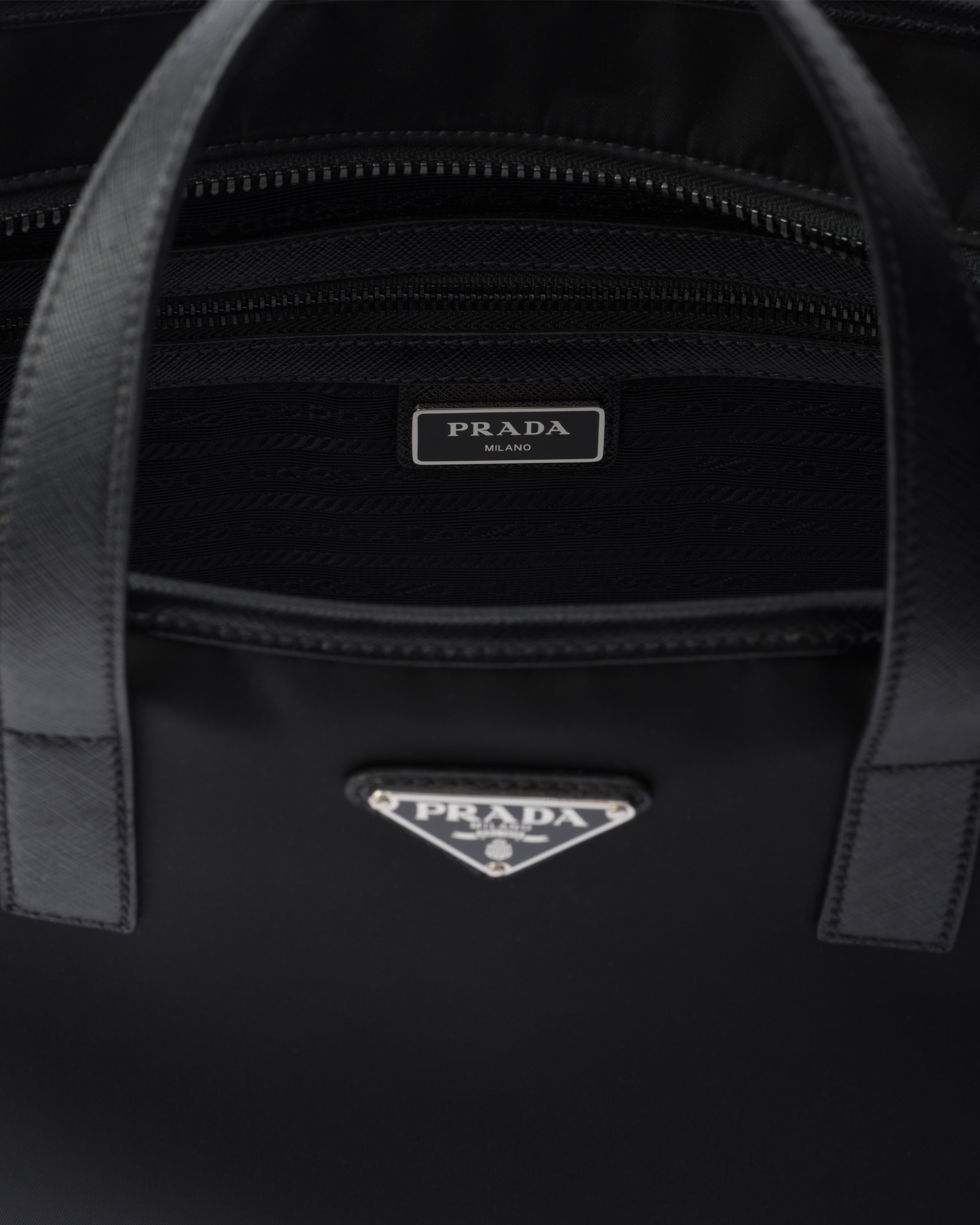 Shop Prada Tote Bag Aus Re-nylon Und Saffiano-leder In Black