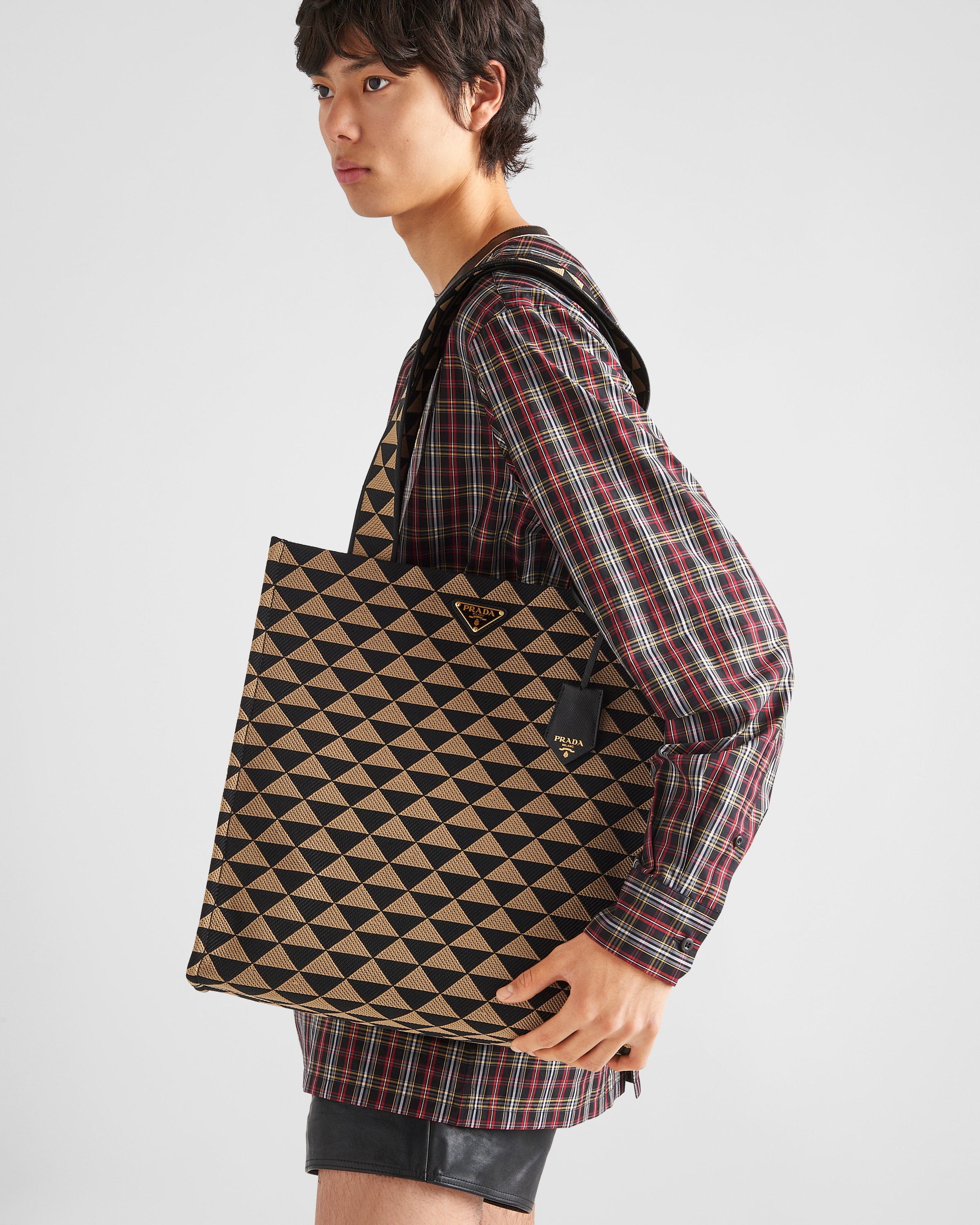 Black/Beige Prada Symbole bag in embroidered fabric | PRADA
