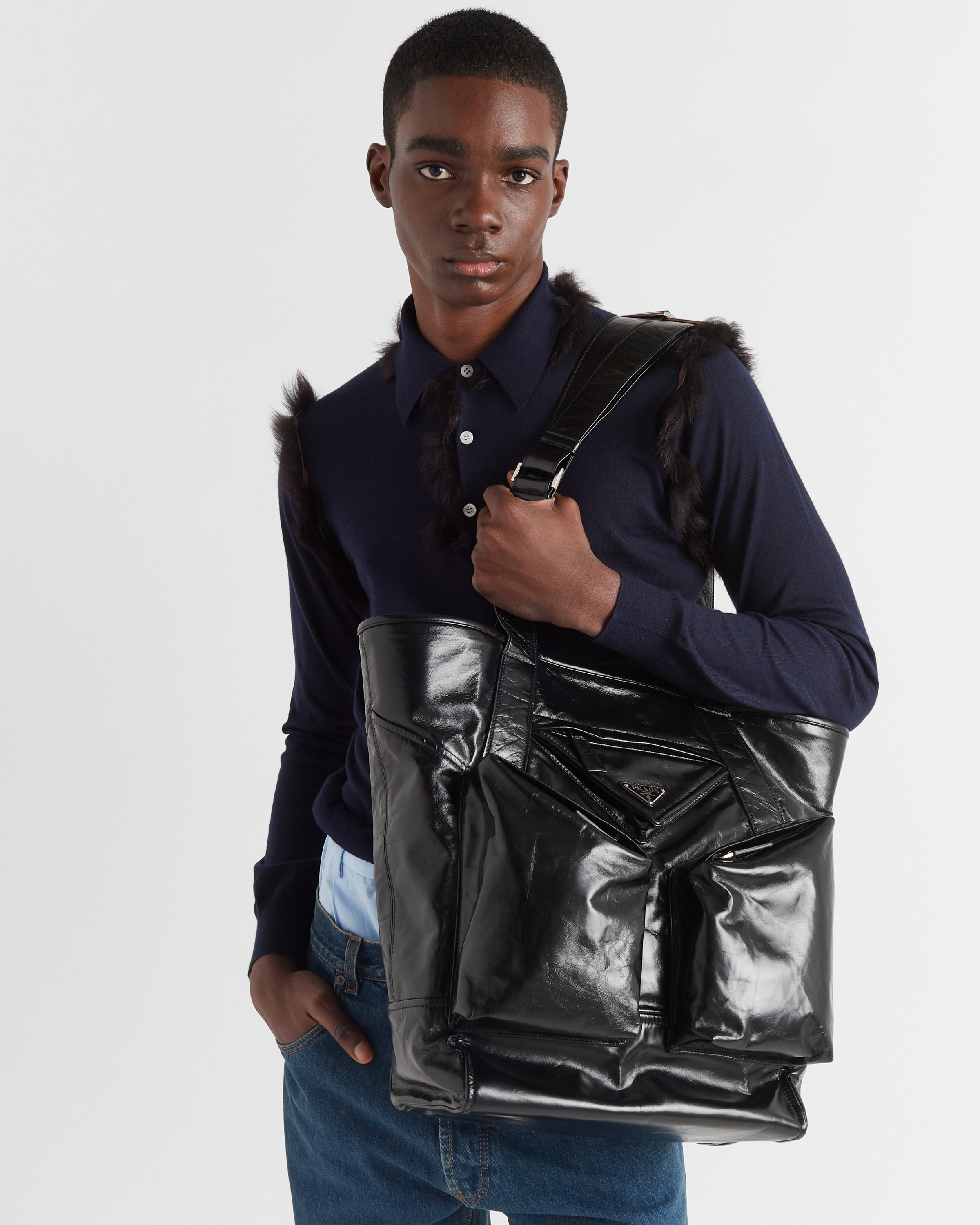 Shop Prada Leather Tote In Black