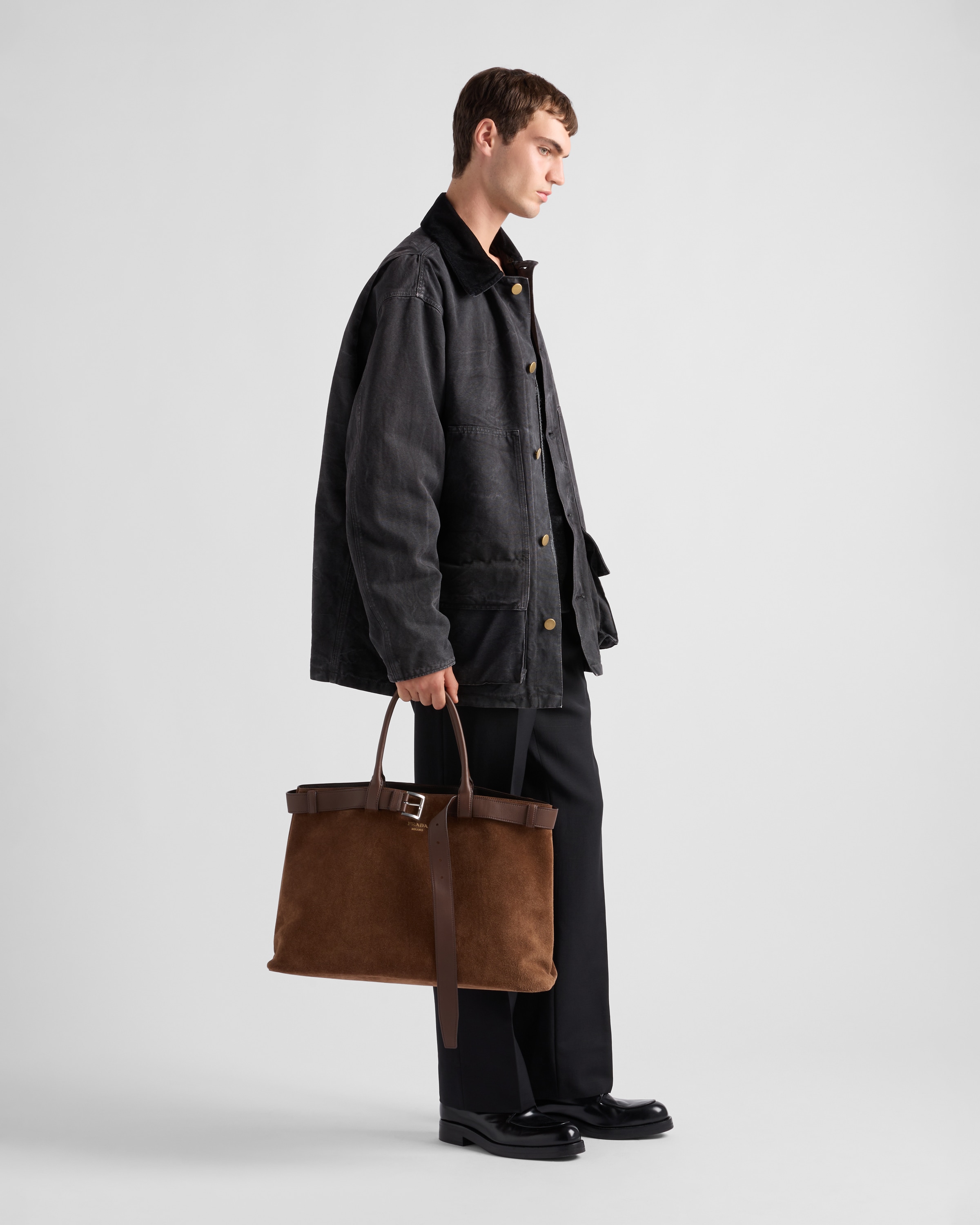 Prada Buckle Suede Bag With Belt In Cocoa Brown