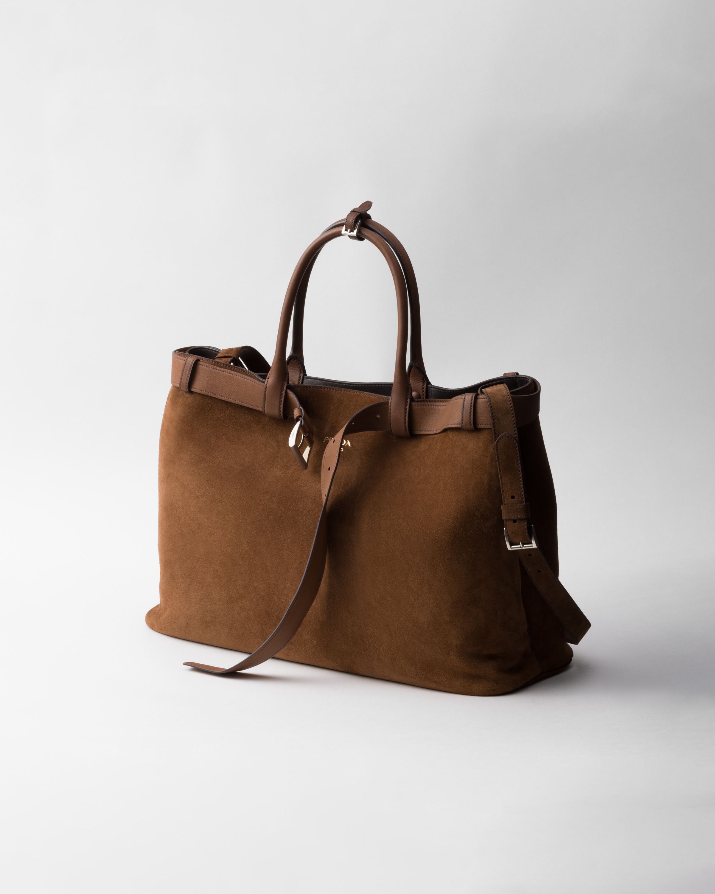 Cocoa Brown Prada Buckle suede bag with belt | PRADA