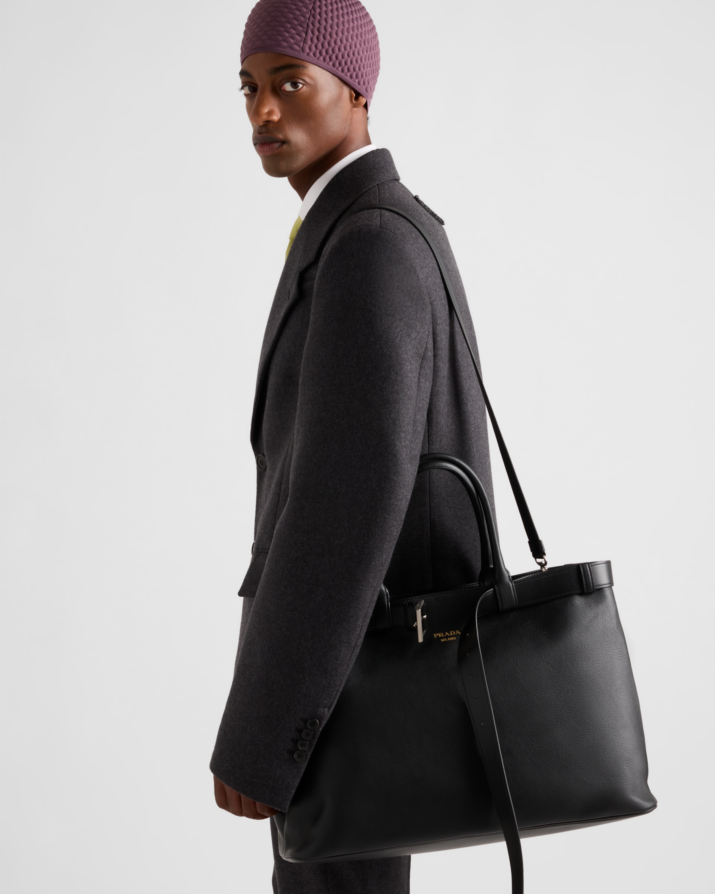 Black Prada Buckle Leather Bag With Belt | PRADA