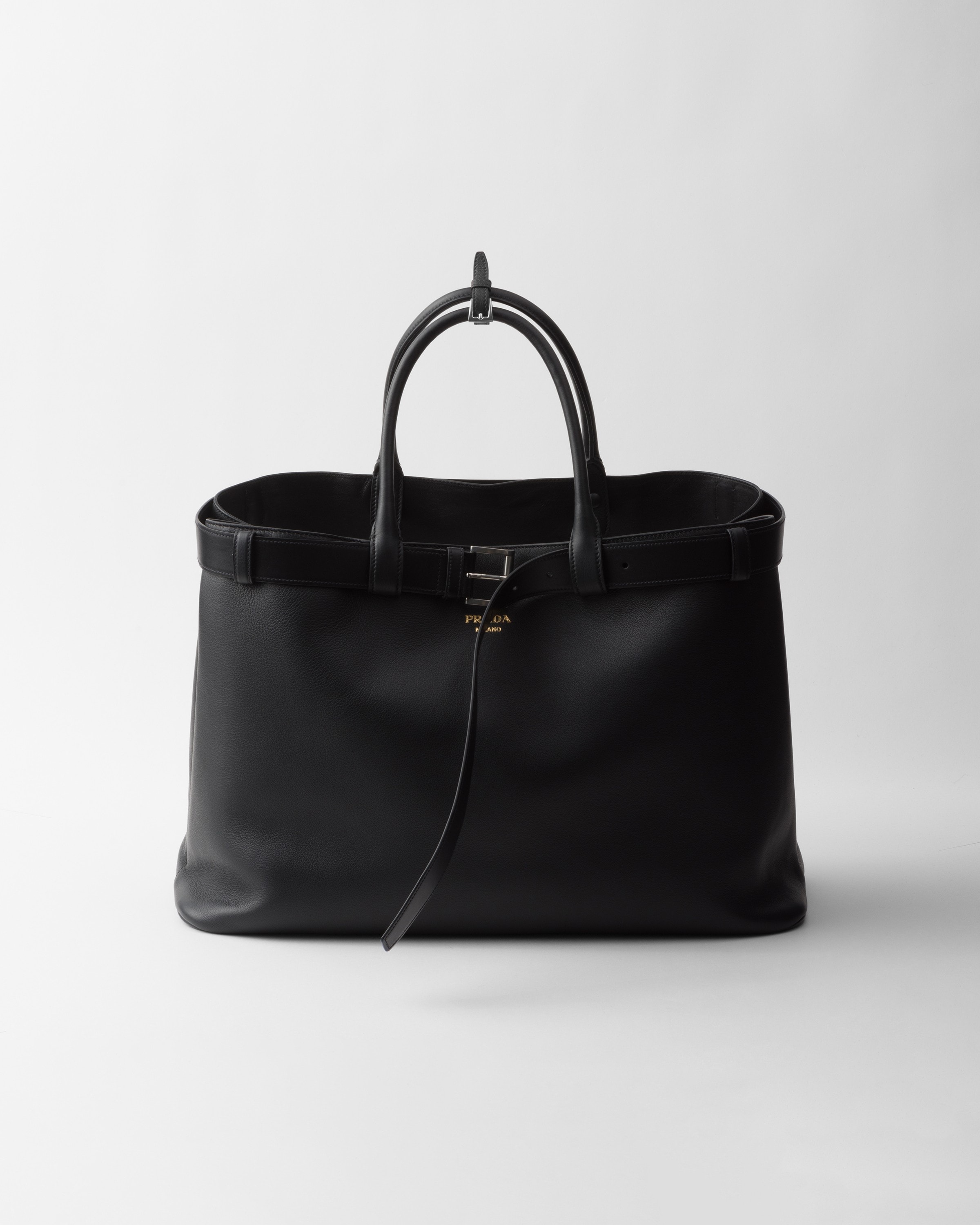 Prada Buckle Leather Bag With Belt In Black