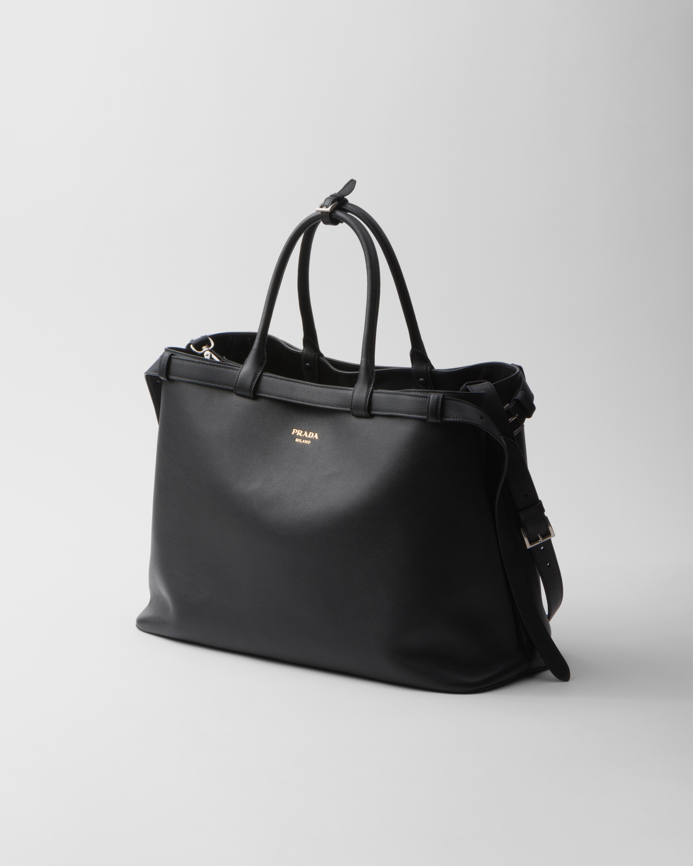 Shop Prada Buckle Handtasche Aus Leder Mit Doppeltem Gürtel In Black