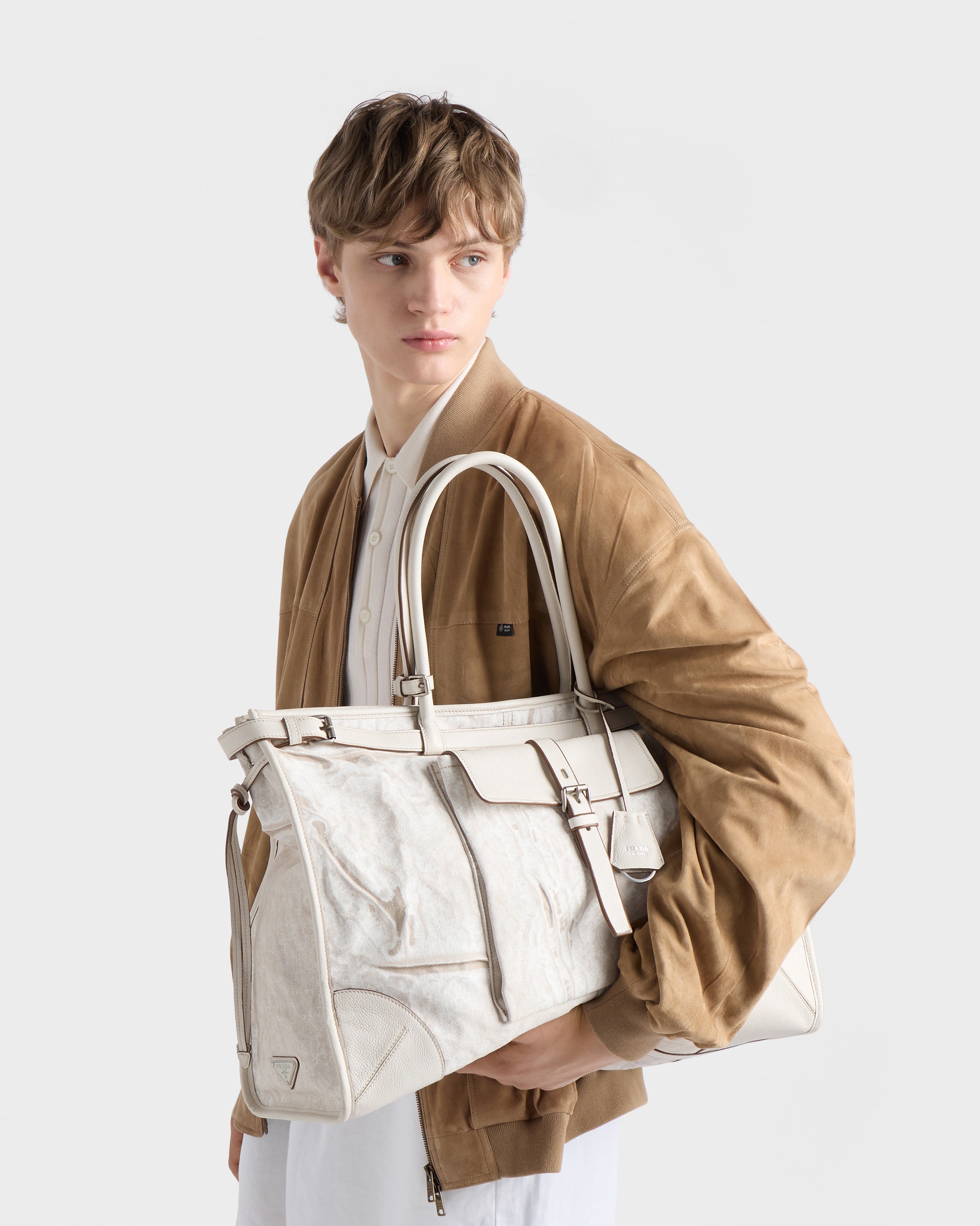 ホワイト プラダ ボニー プリントリネン レザー トートバッグ | PRADA