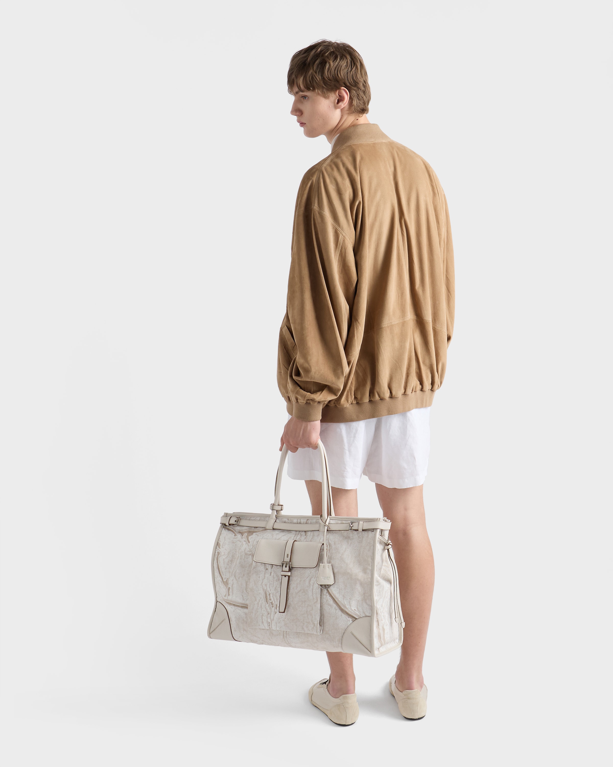 ホワイト プラダ ボニー プリントリネン レザー トートバッグ | PRADA
