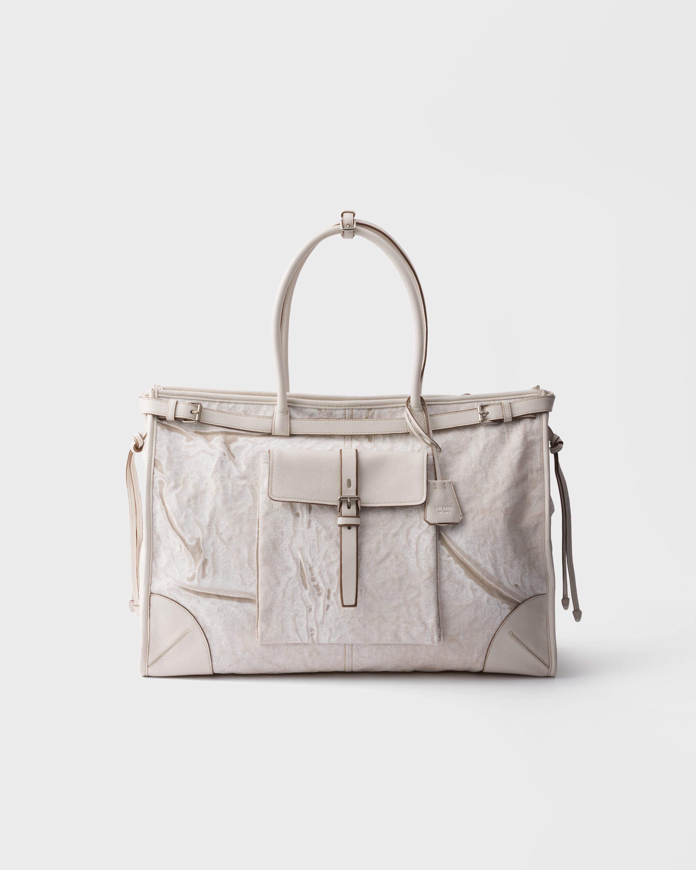 ホワイト プラダ ボニー プリントリネン レザー トートバッグ | PRADA