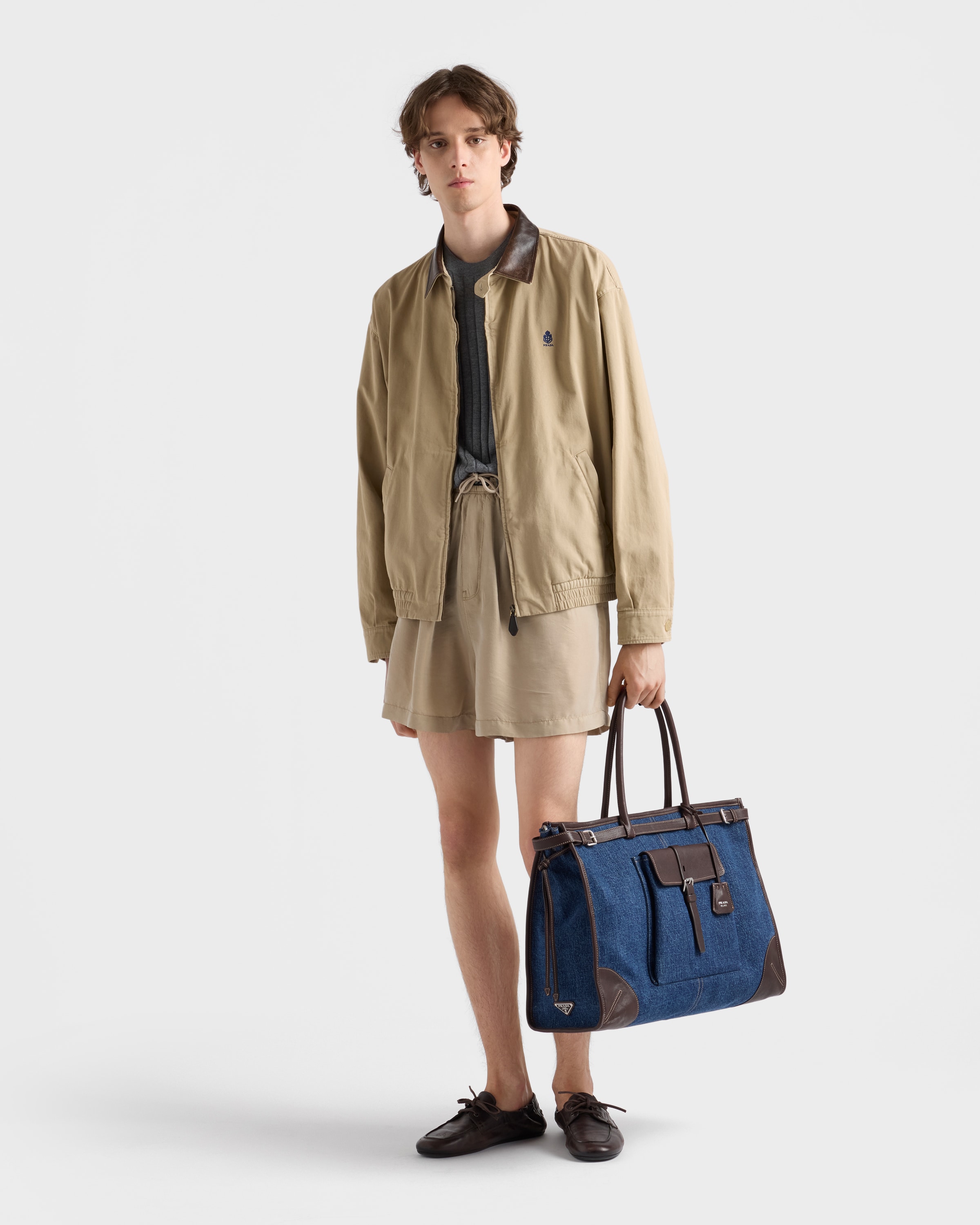 ブルー/コーヒー プラダ ボニー デニム レザー トートバッグ | PRADA