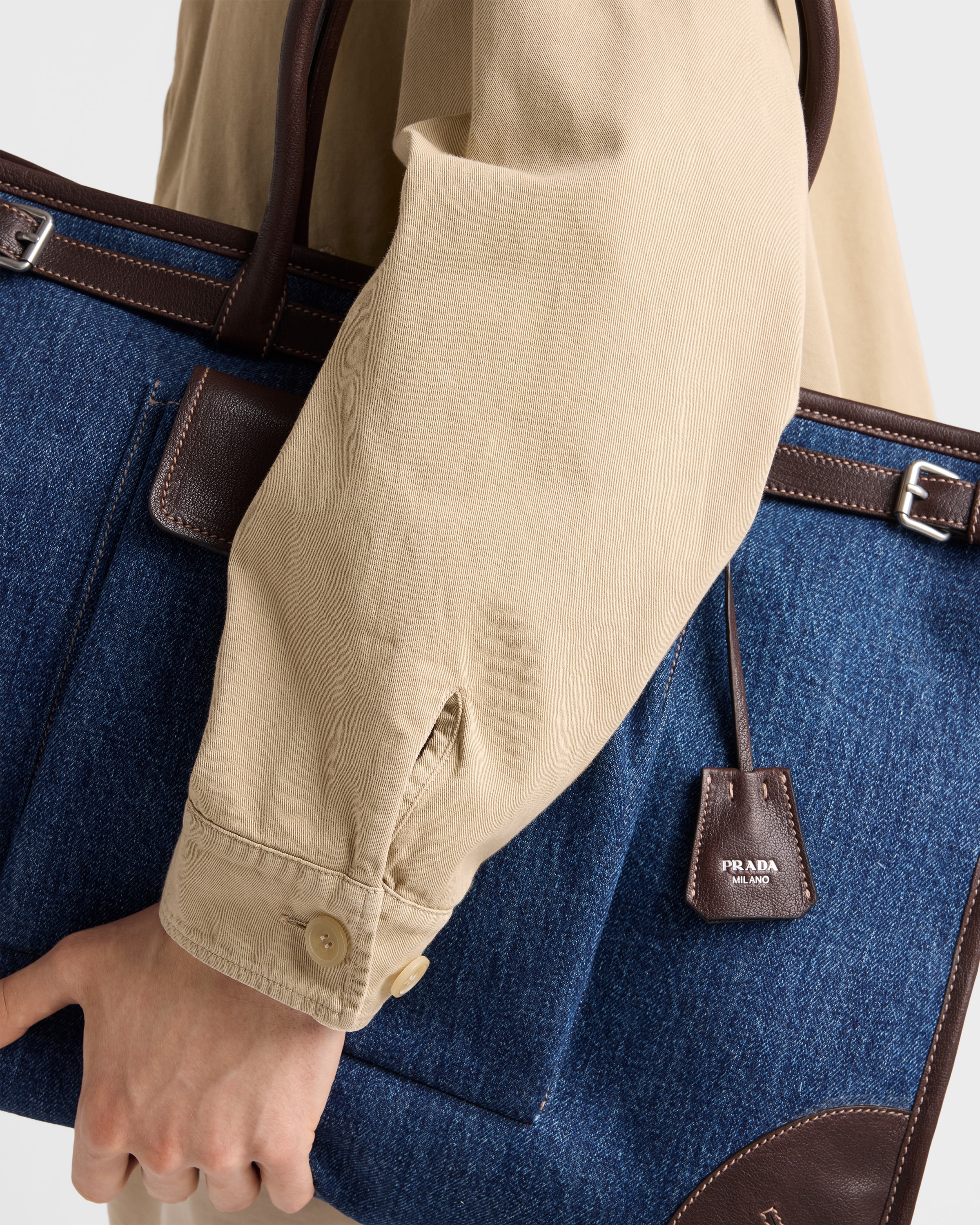 Blue/Coffee Prada Bonnie denim and leather tote bag | PRADA