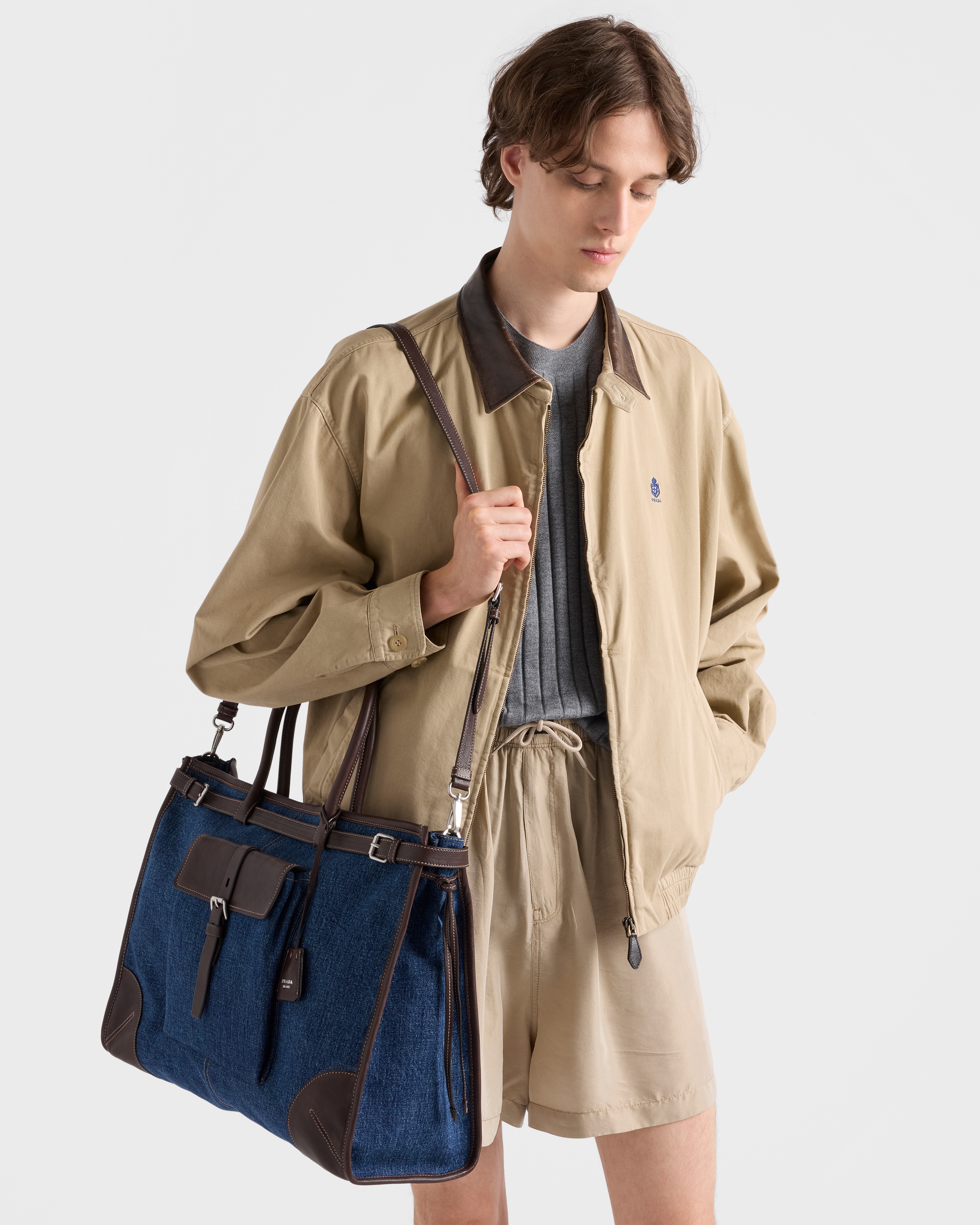 ブルー/コーヒー プラダ ボニー デニム レザー トートバッグ | PRADA
