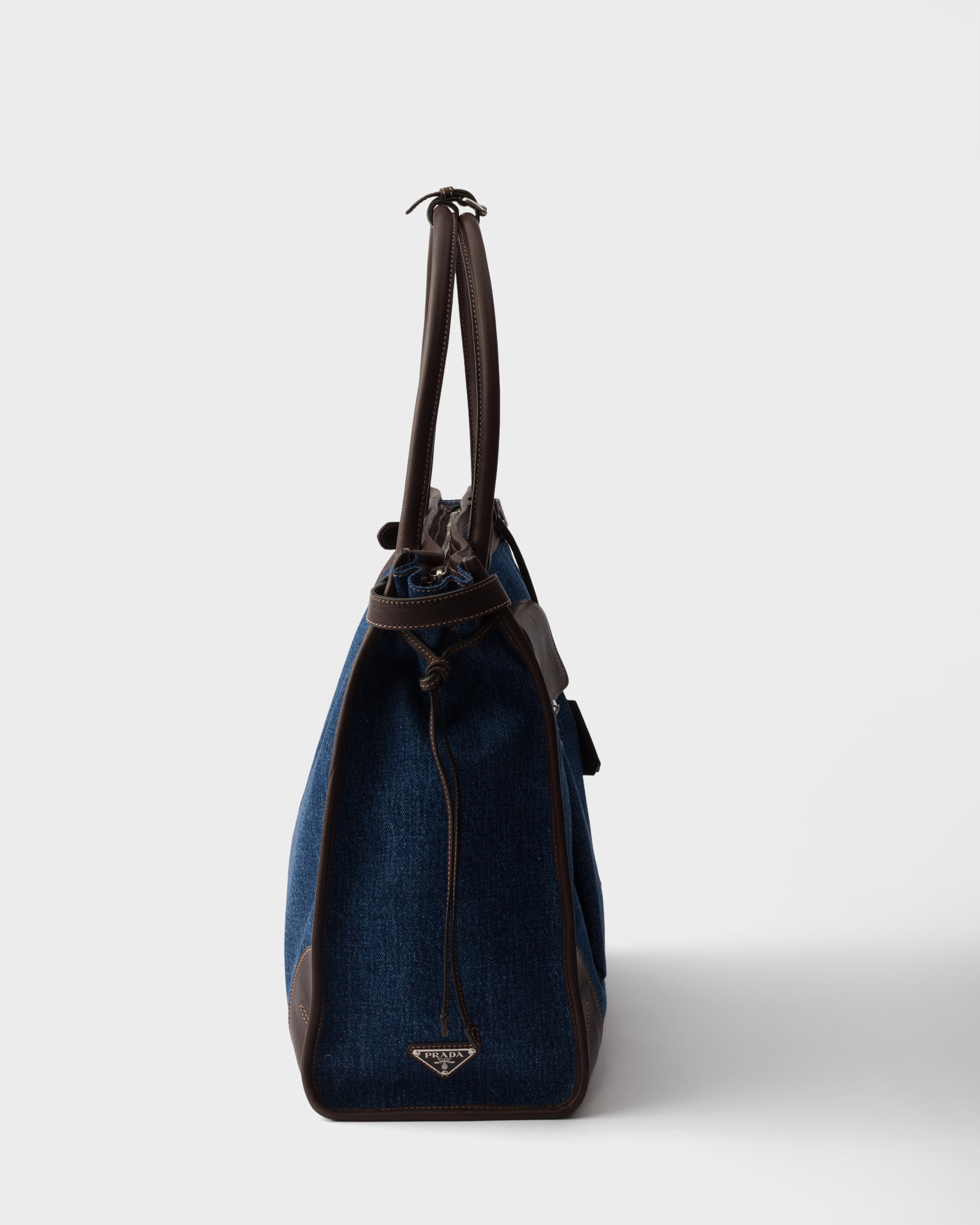 Blue/Coffee Prada Bonnie denim and leather tote bag | PRADA
