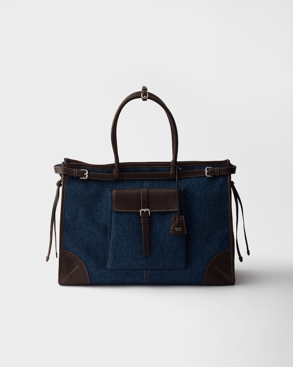 Prada Bonnie denim and leather tote bag - Blue/Coffee Prada Bonnie denim and leather tote bag - Blue/Coffee
