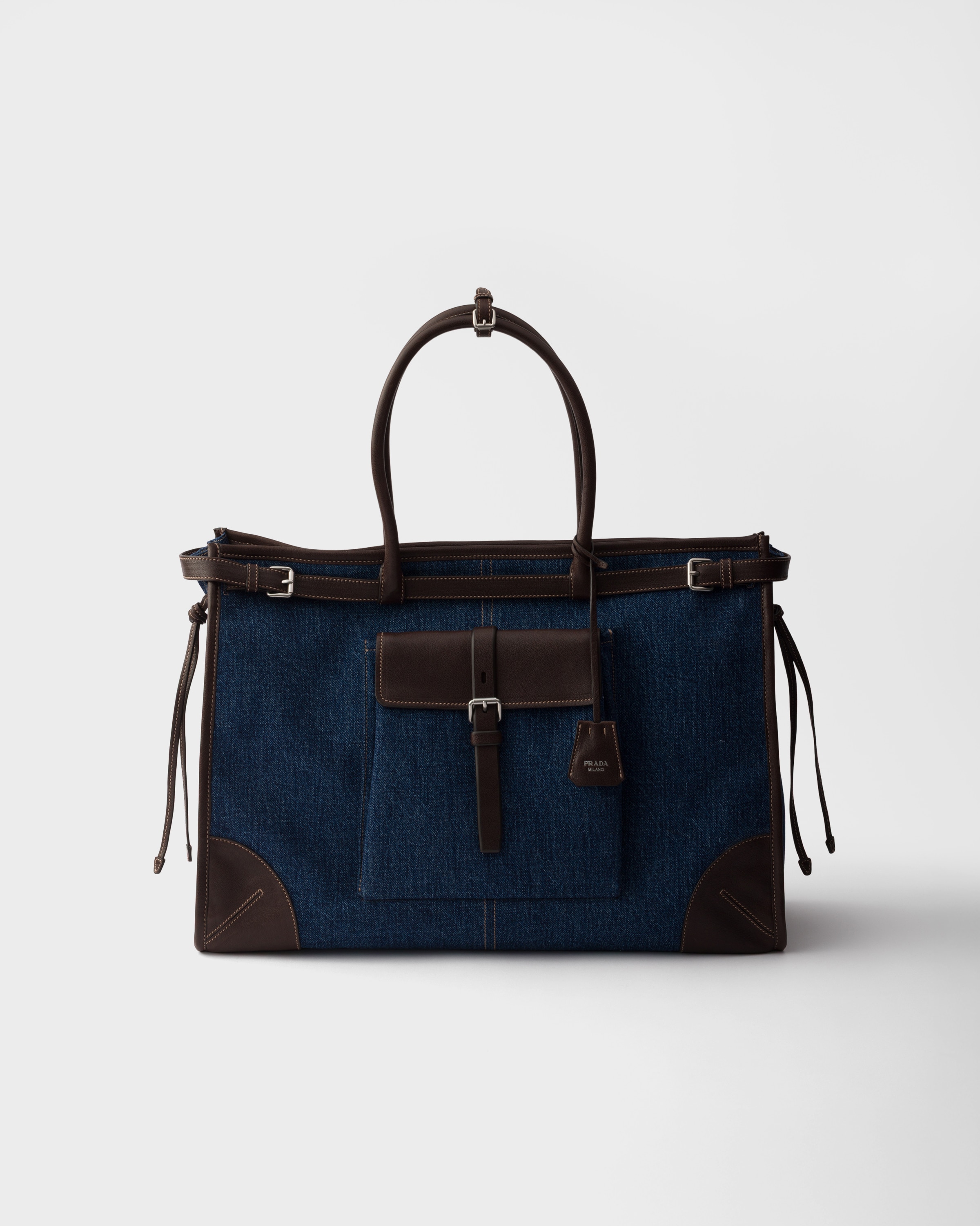 Prada Bonnie Denim And Leather Tote Bag, Man, Blue/coffee