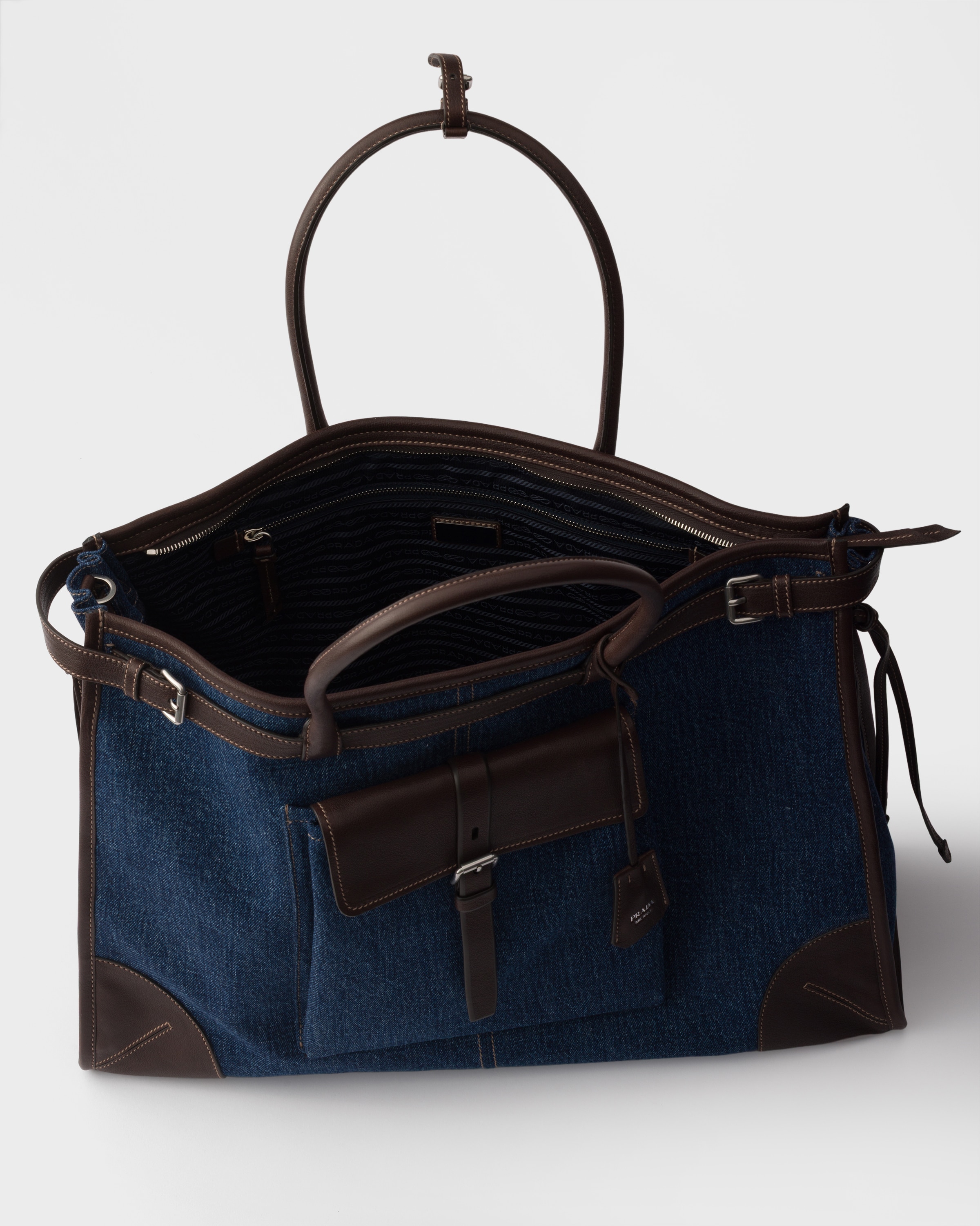 ブルー/コーヒー プラダ ボニー デニム レザー トートバッグ | PRADA