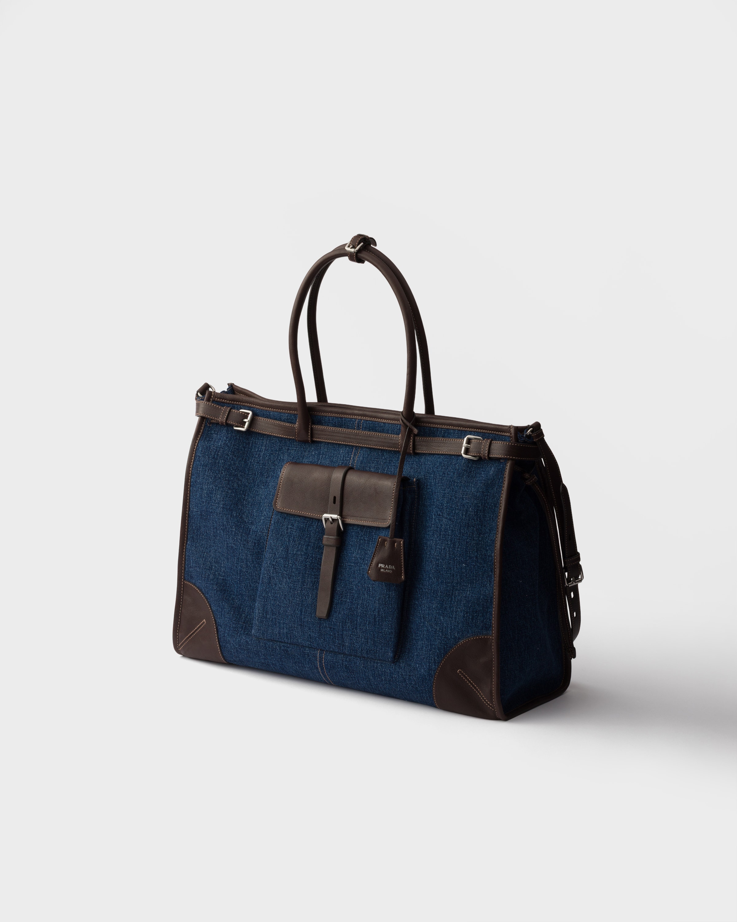 Blue/coffee Prada Bonnie Denim And Leather Tote Bag | PRADA