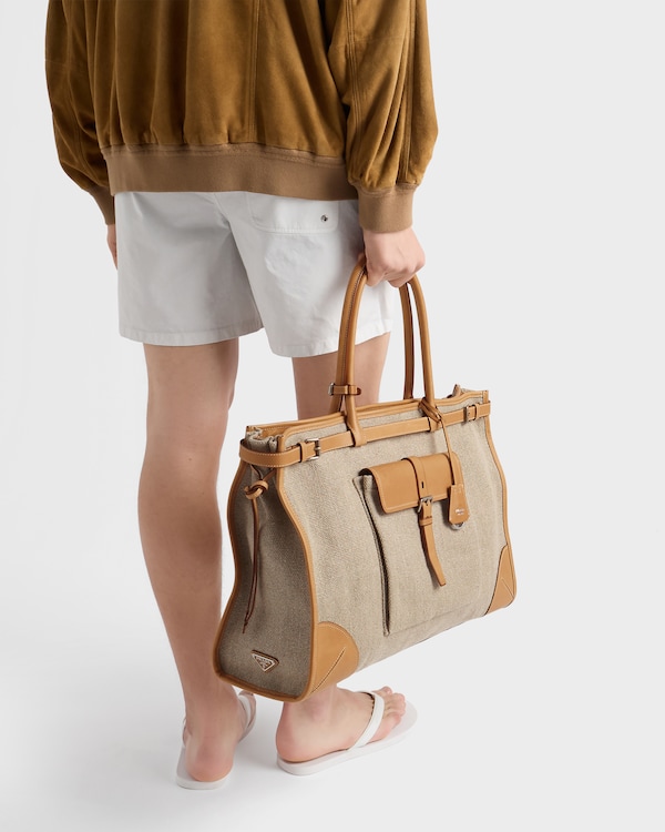 プラダ ルート リネン レザー トートバッグ - ロープ/ナチュラル プラダ ルート リネン レザー トートバッグ - ロープ/ナチュラル